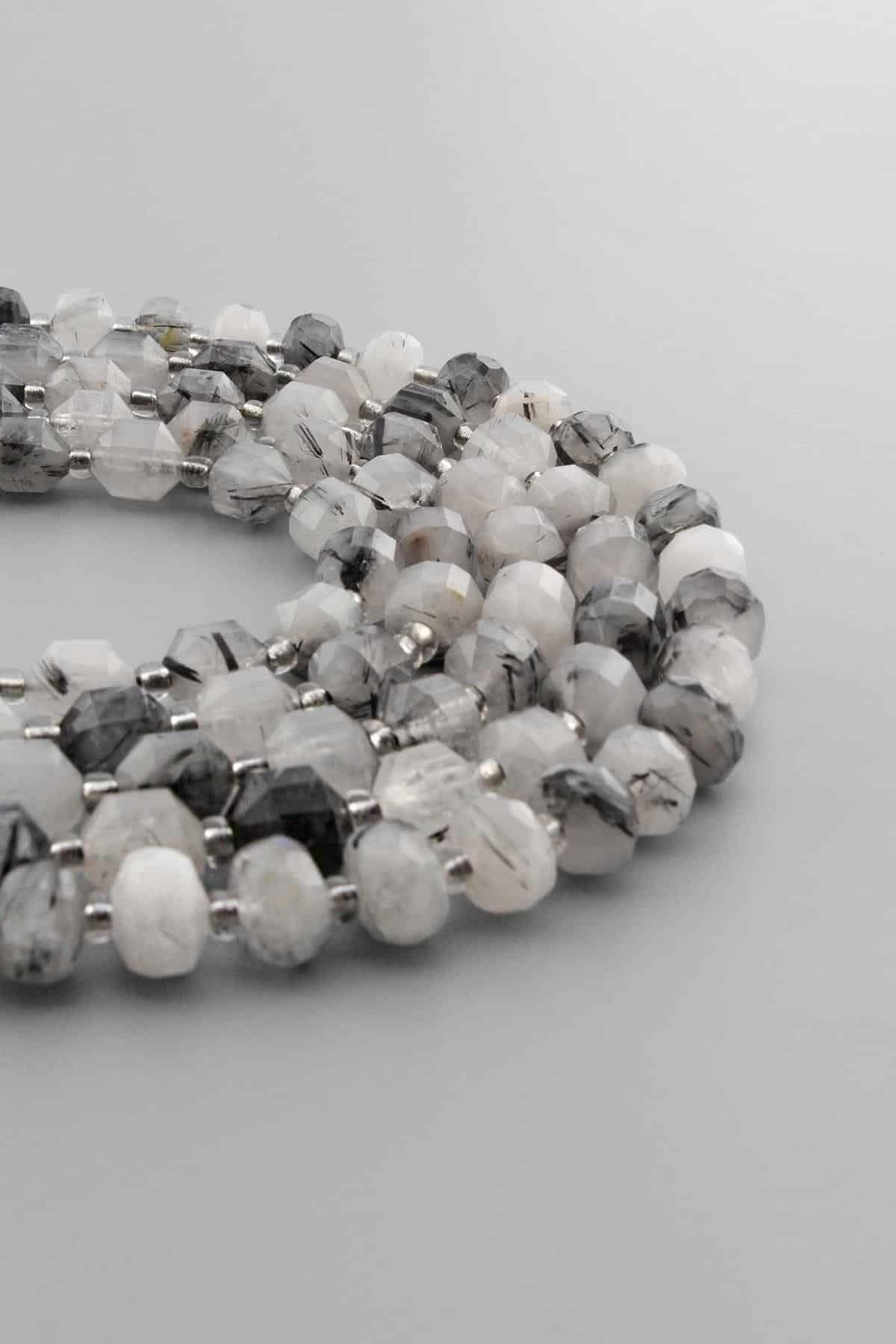 Rutil Kuvars Doğal Taş Parlak Siyah Hegzagonal Kesim 8mm Dizi [AA]