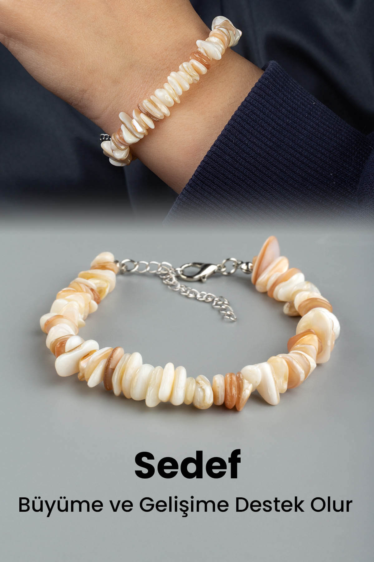 Sedef Doğal Kırık Taş Zincir Kapamalı Bileklik