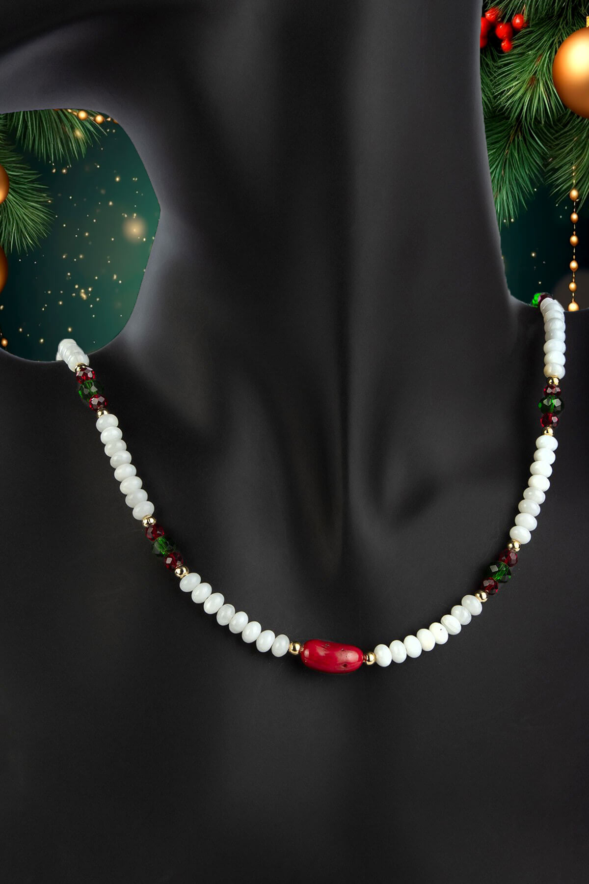 Sedef Doğal Taş Rondela Kesim Mercan Doğal Taş Uçlu Yılbaşı Kolyesi