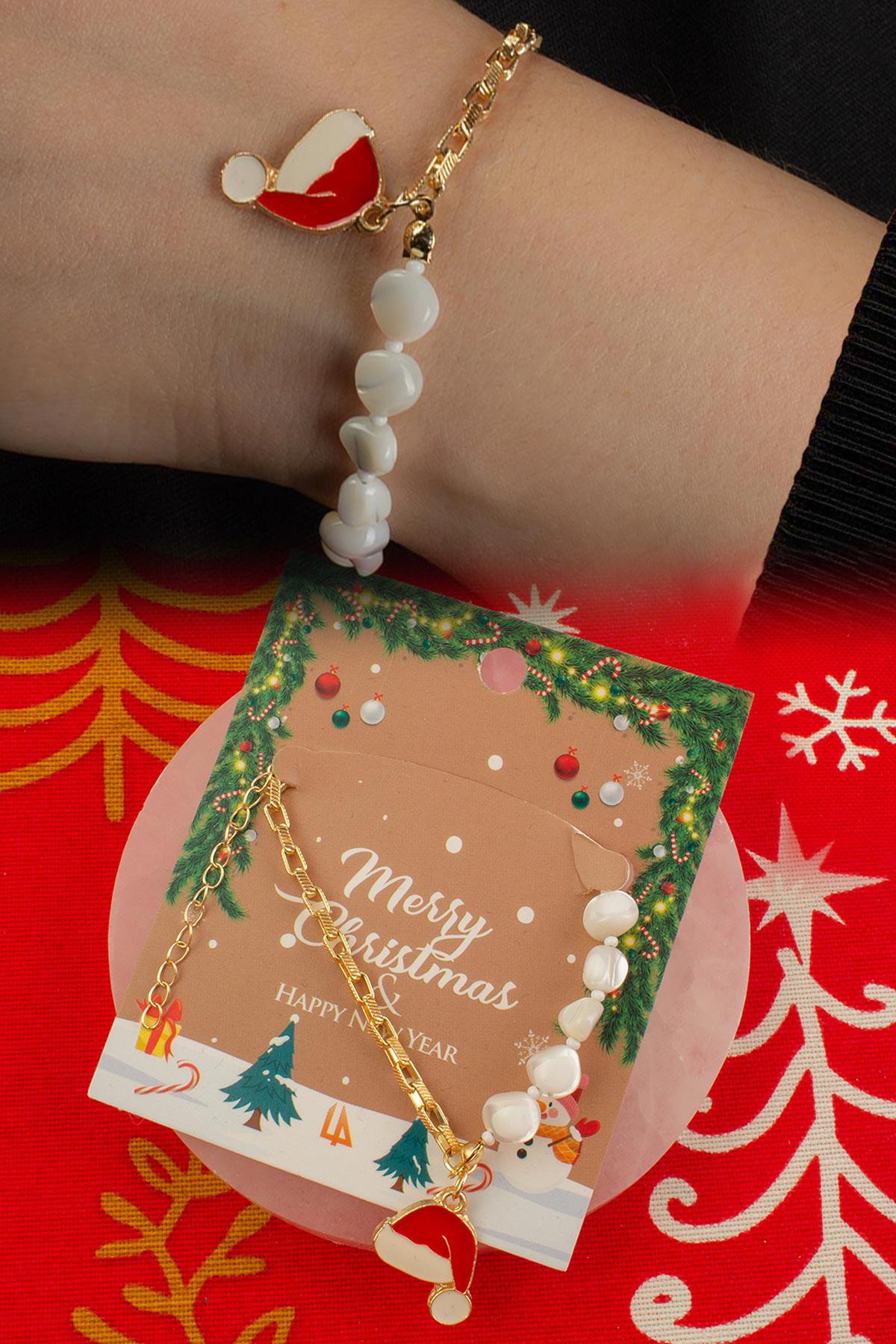 Sedef Doğal Taş Tamburlanmış Kesim Zincir Kapamalı Yılbaşı Bileklik