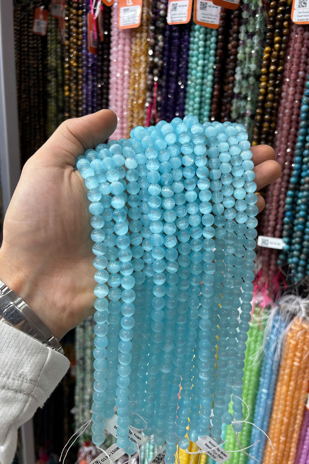 Selenit Taşı Bebek Mavisi Küre Kesim 8mm Dizi