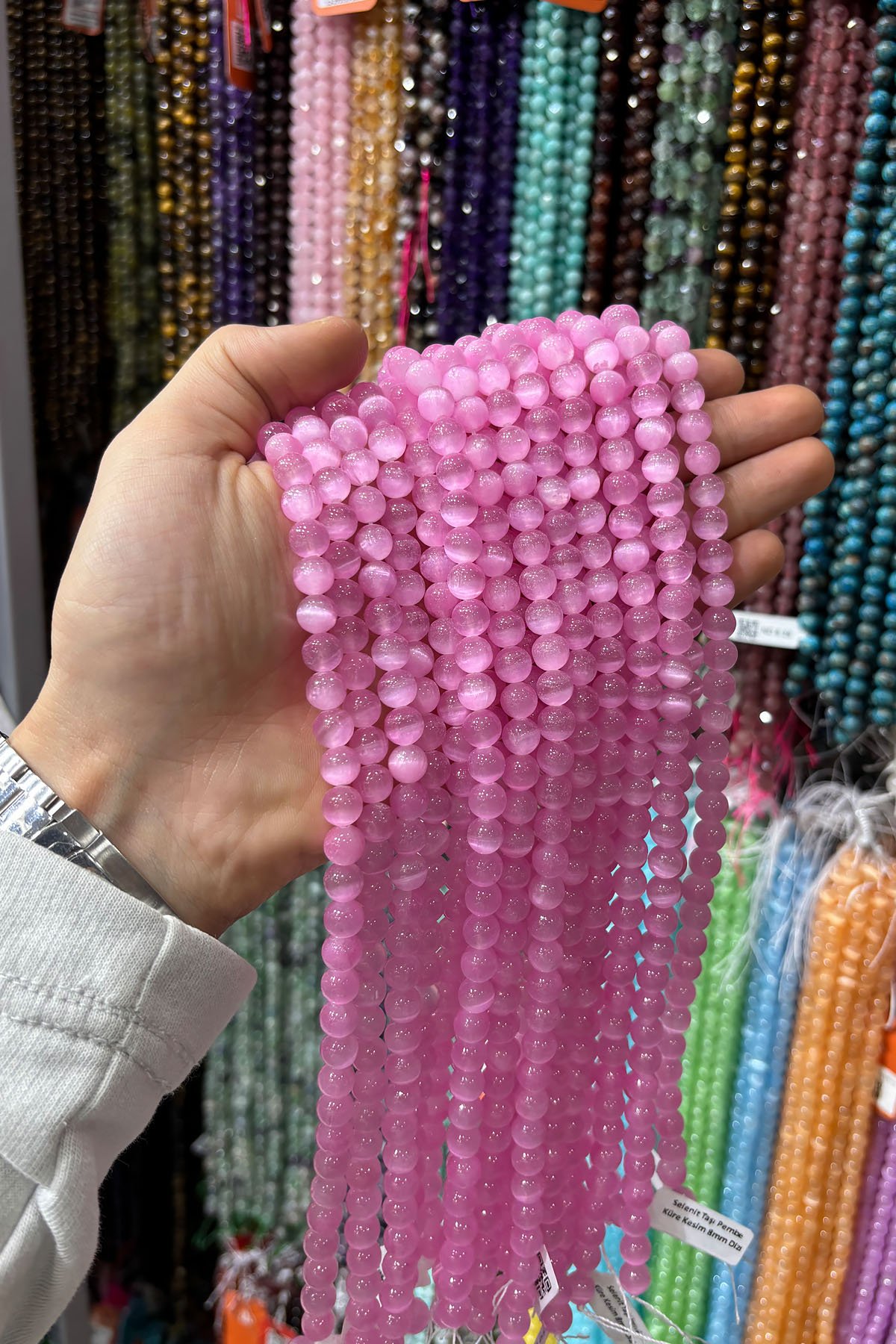 Selenit Taşı Pembe Küre Kesim 8mm Dizi