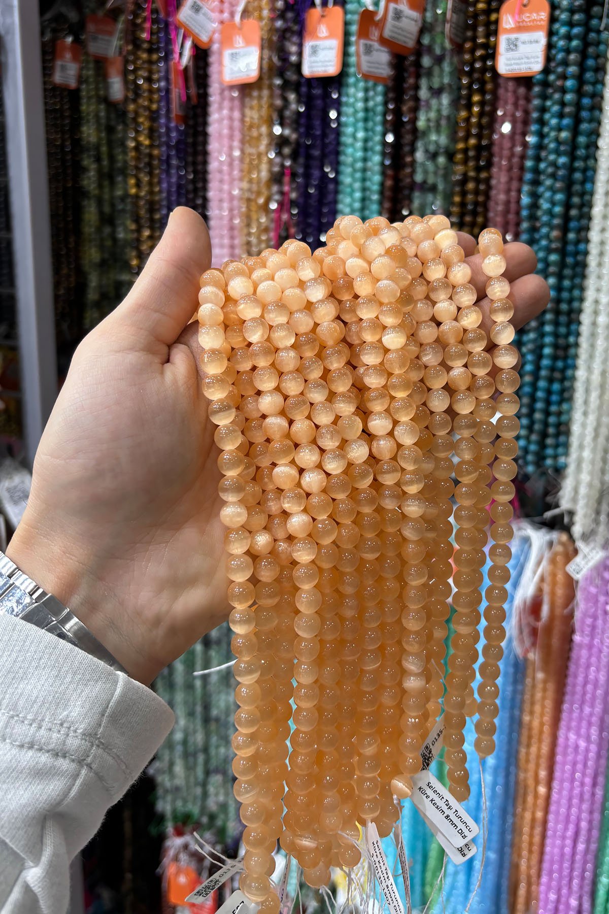 Selenit Taşı Turuncu Küre Kesim 8mm Dizi