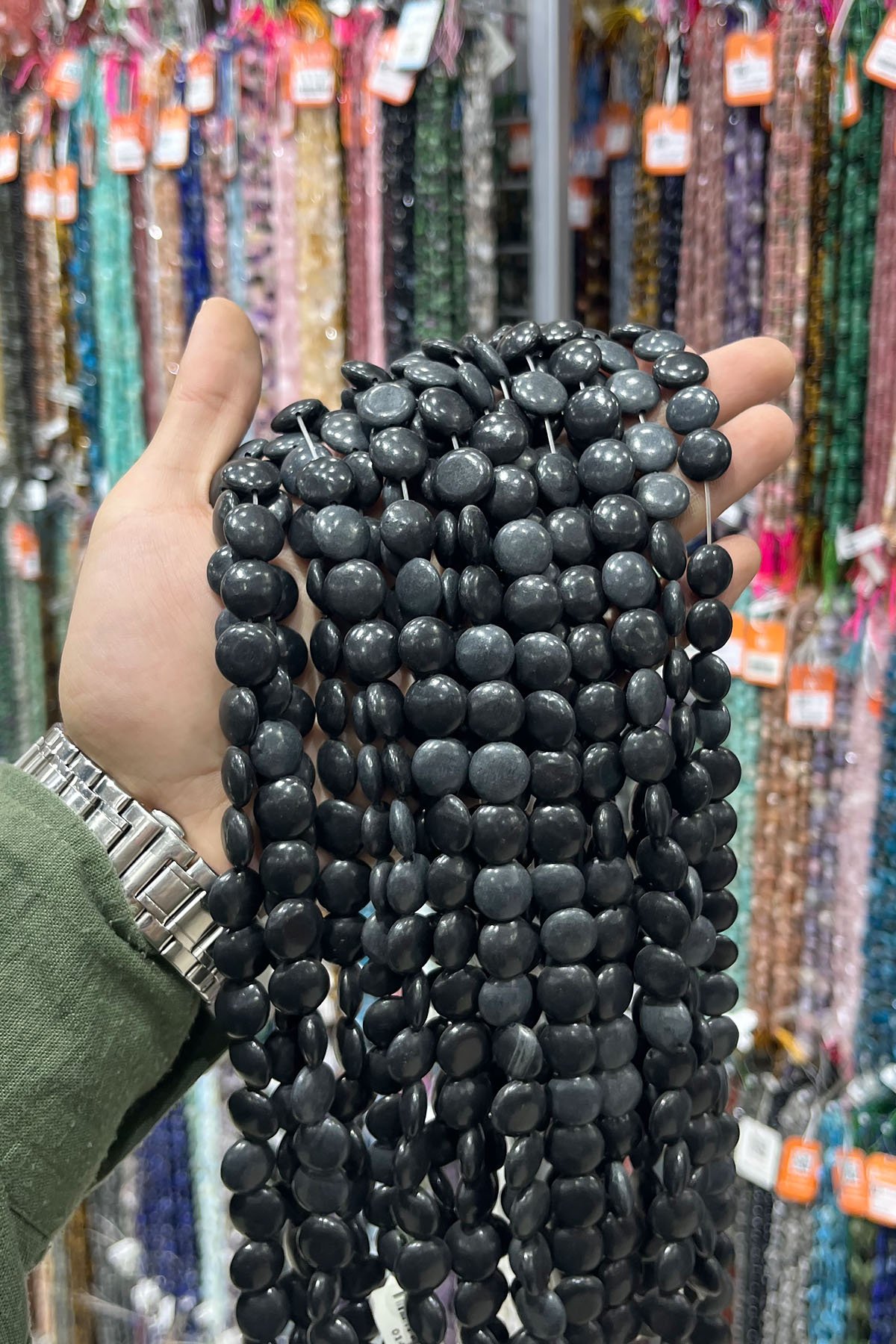 Shungit Doğal Taş Mat Siyah Daire Kesim 14mm Dizi [AA]