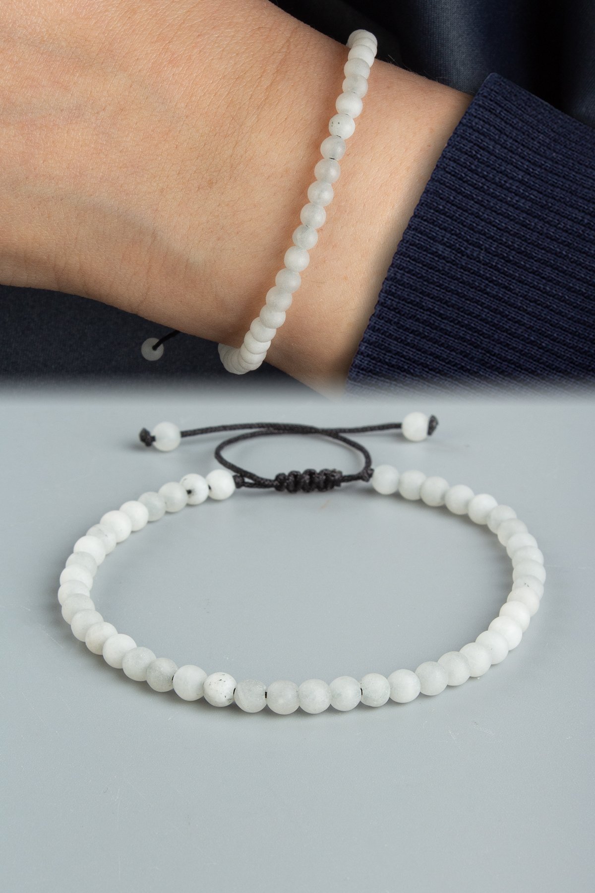 Sıkma Doğal Taş Gri Küre Kesim 3mm Makrome Bileklik