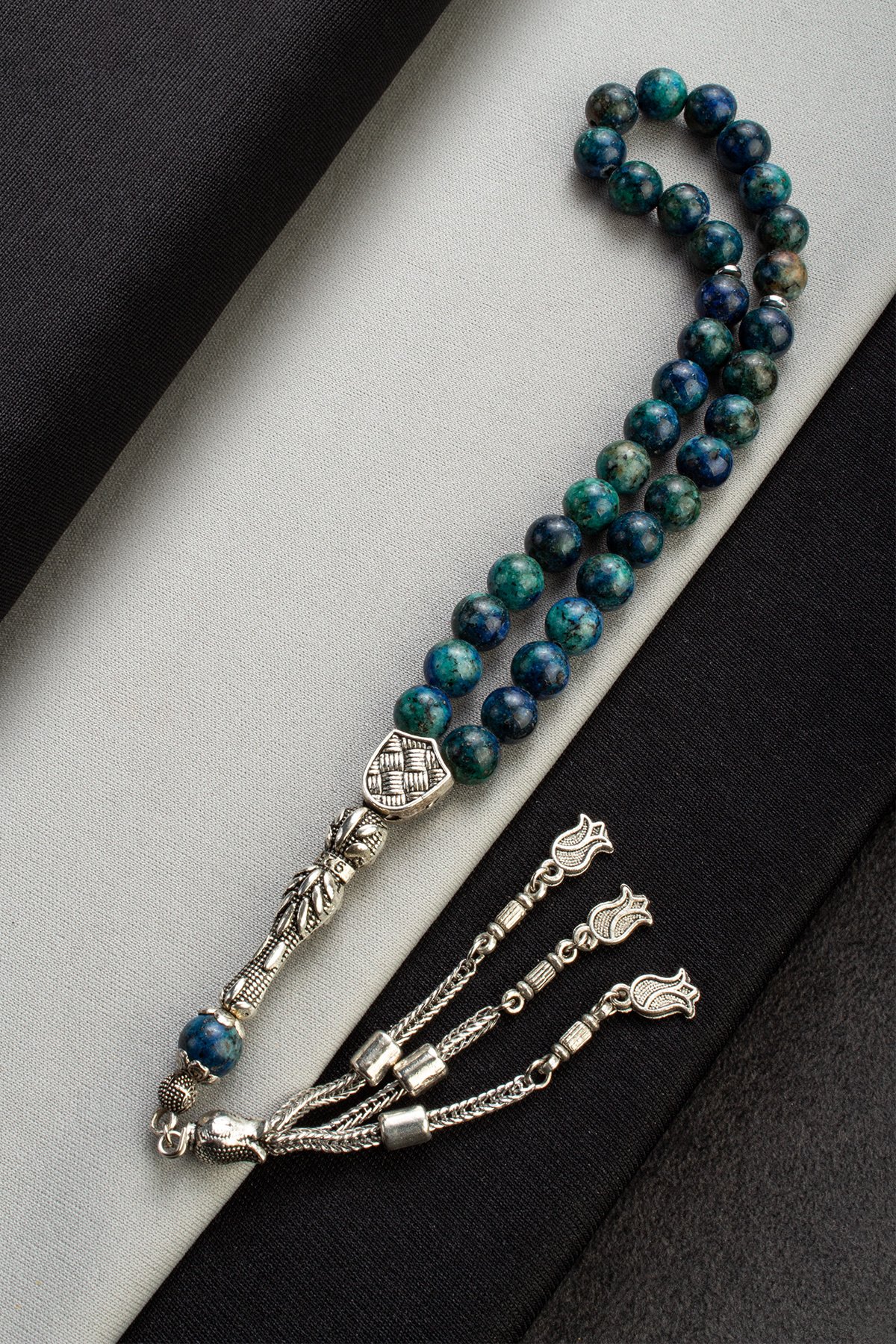 Sıkma Doğal Taş Küre Kesim Mavi Yeşil 33 lü 8mm Tesbih