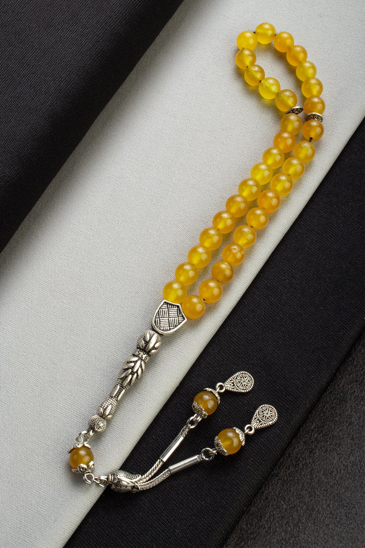 Sıkma Doğal Taş Küre Kesim Hardal Sarı 33 lü 8 mm Tesbih