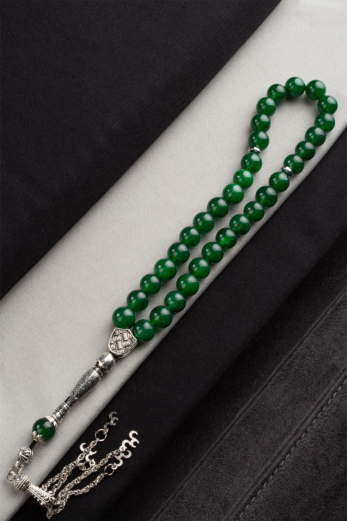 Sıkma Doğal Taş Küre Kesim Koyu Yeşil 33 lü 10 mm Tesbih