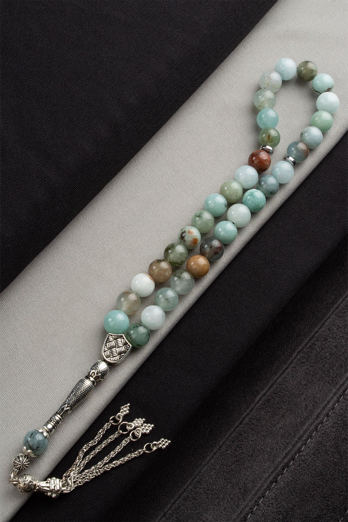 Sıkma Doğal Taş Küre Kesim Su Yeşili Bej 33 lü 10mm Tesbih