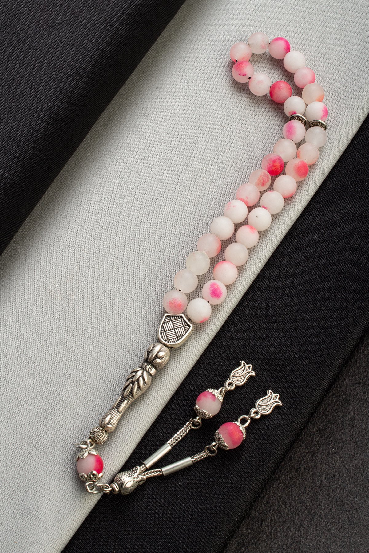 Sıkma Doğal Taş Mat Pembe Küre Kesim 33 lu 8mm Tesbih