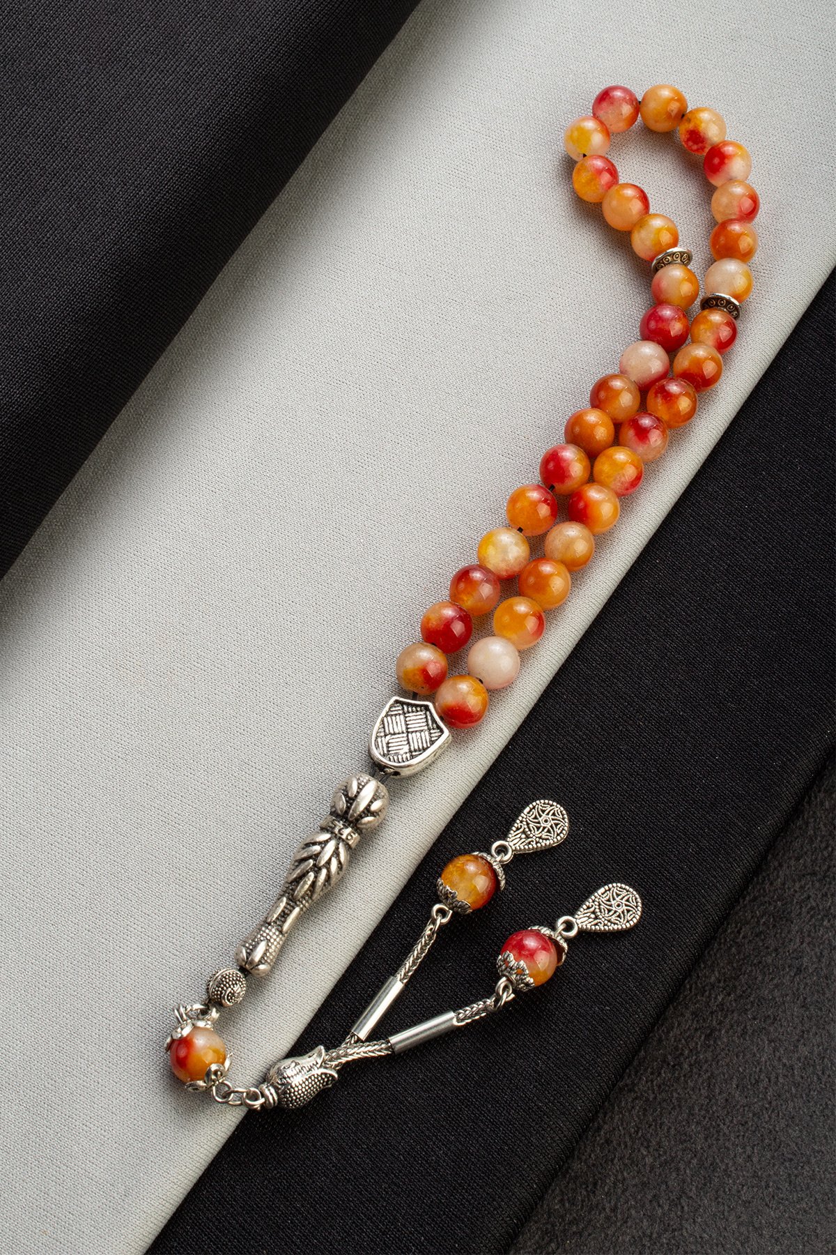 Sıkma Doğal Taş Küre Kesim Turuncu Kırmızı 33 lü 8mm Tesbih