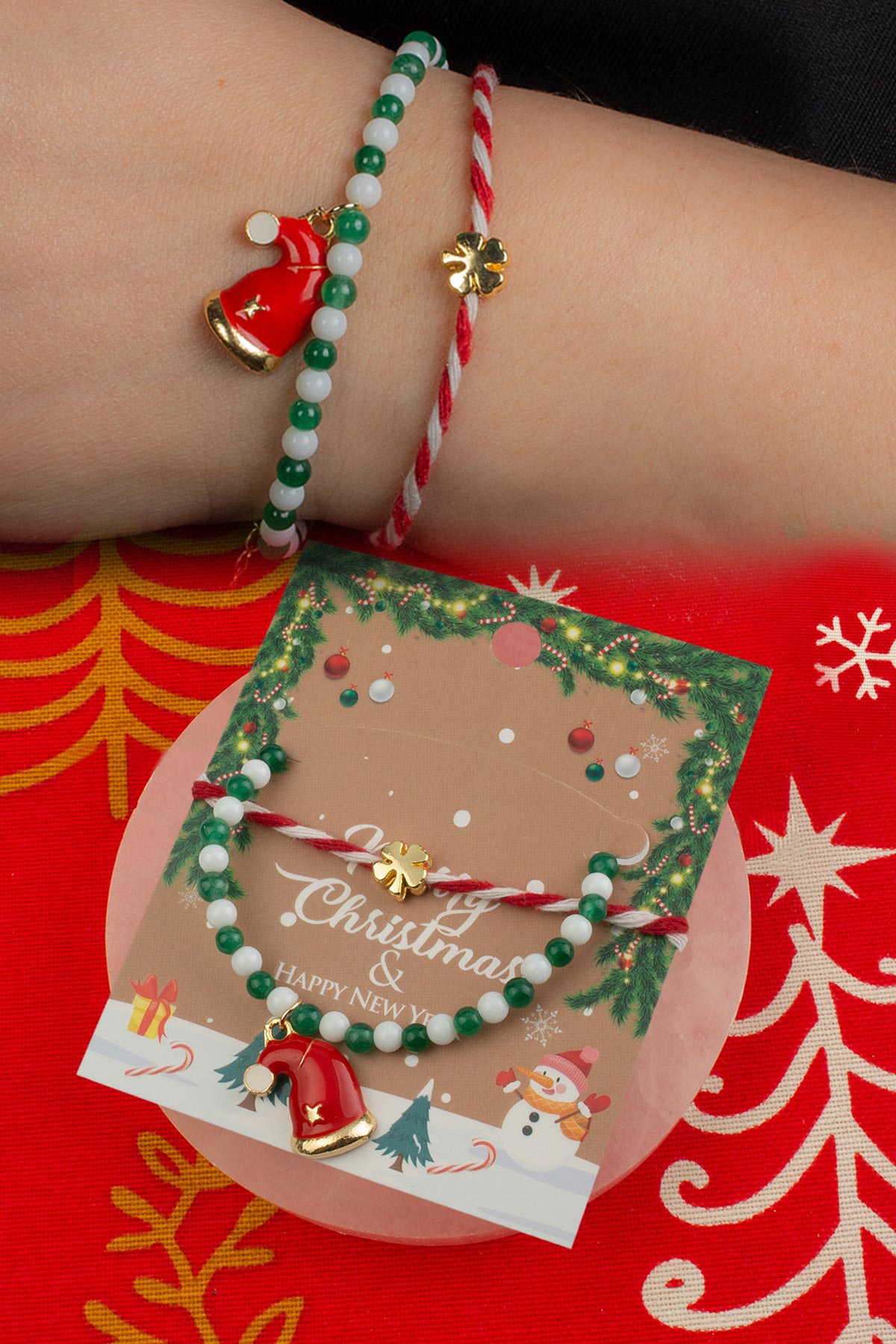 Sıkma Doğal Taş Yeşil - Beyaz Küre Kesim Marteniçka Bileklik