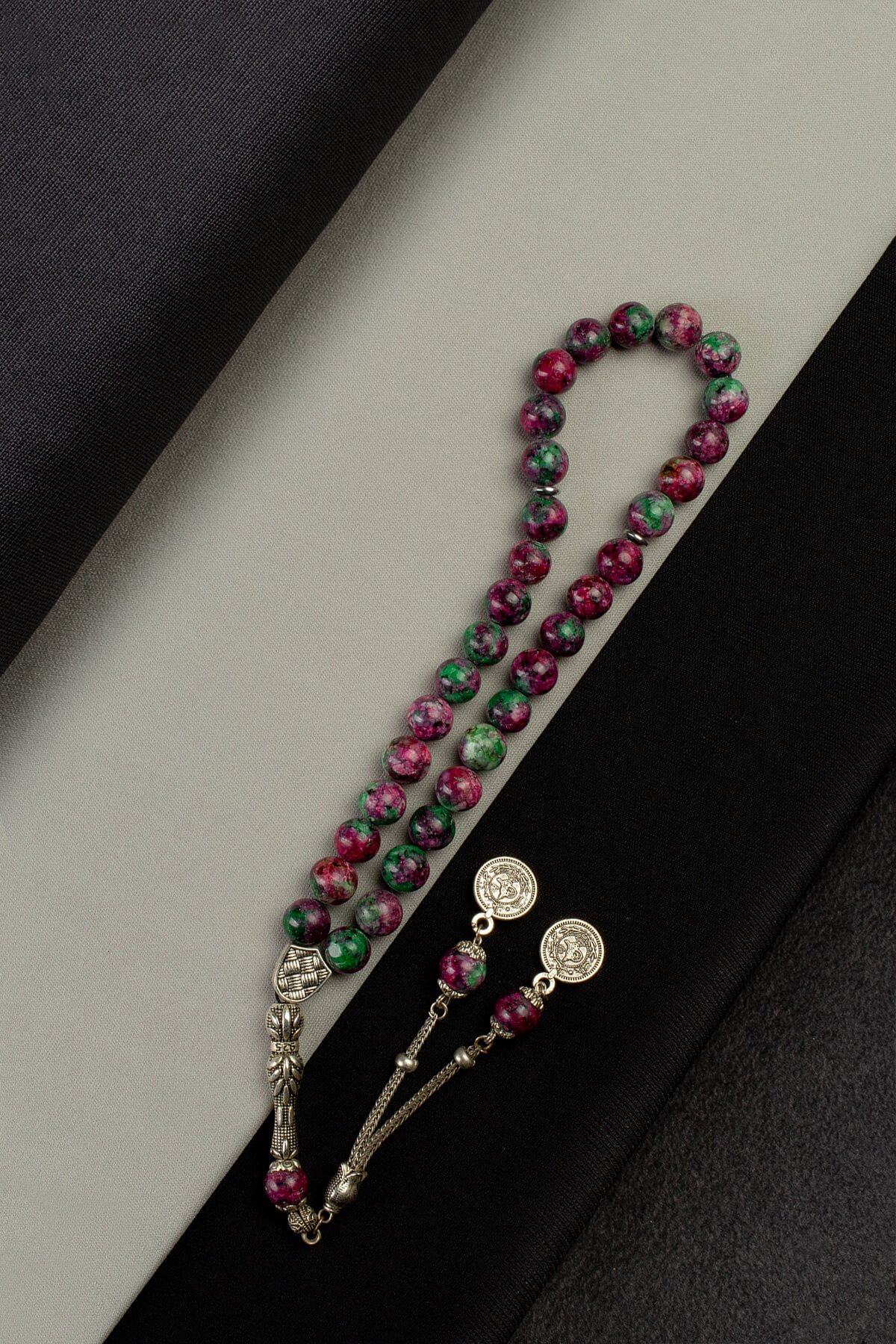 Sıkma Doğal Taş Yeşil Kırmızı Küre Kesim 33 lu 10mm Tesbih