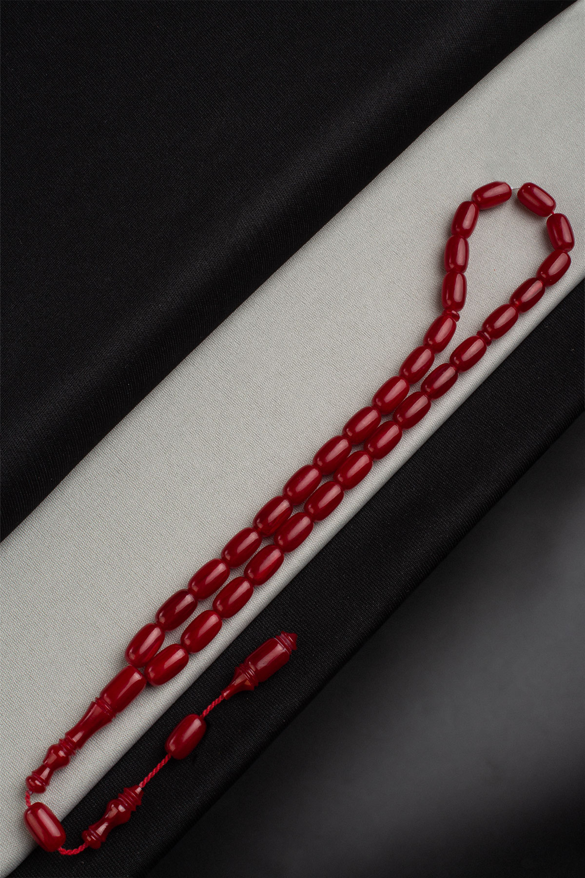 Sıkma Kehribar Kırmızı Kapsül Kesim 8x14mm 33 Lu Tesbih Ali Baba Usta İşçiliği