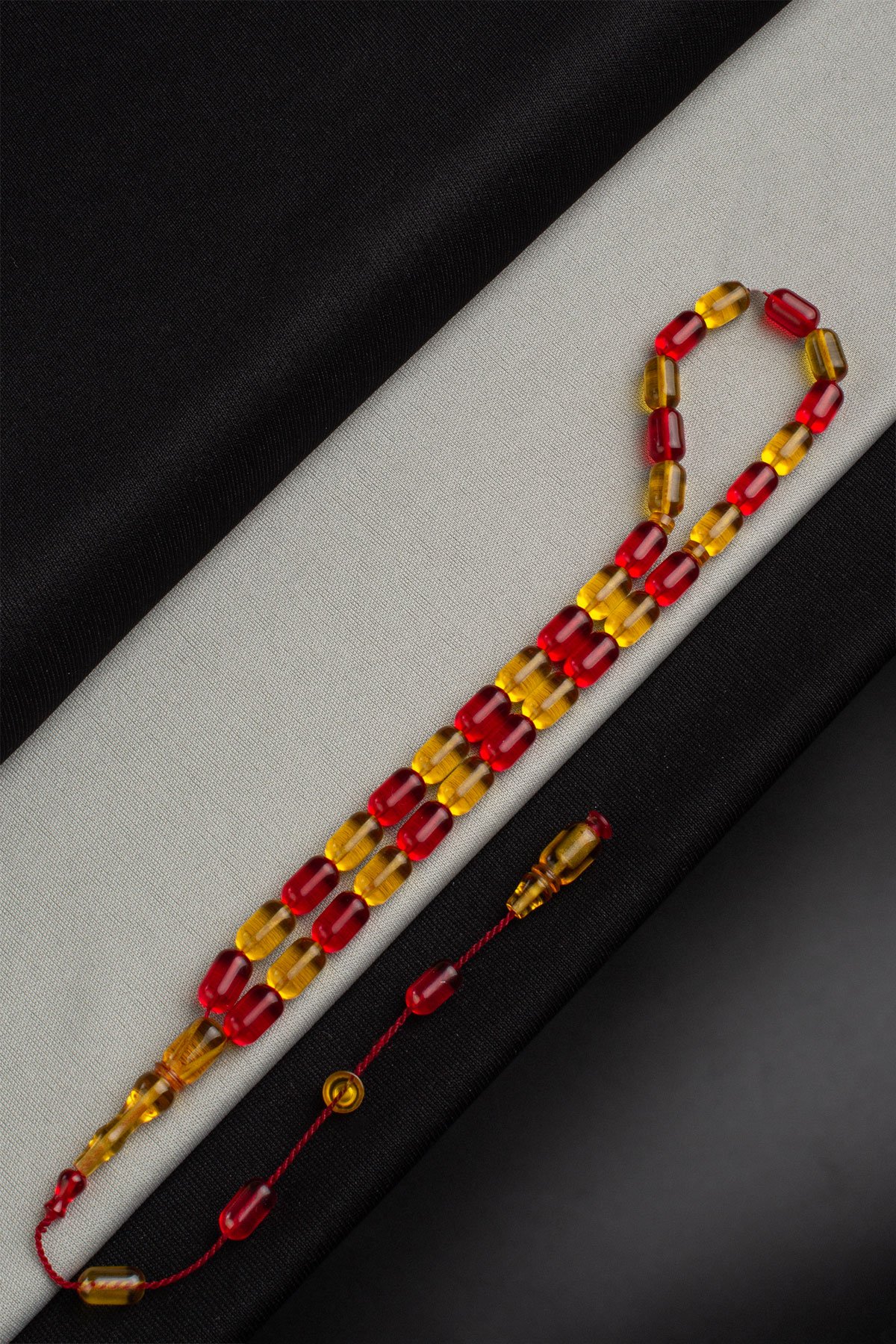 Sıkma Kehribar Sarı-Kırmızı Kapsül Kesim 6x10mm 33 Lu Tesbih