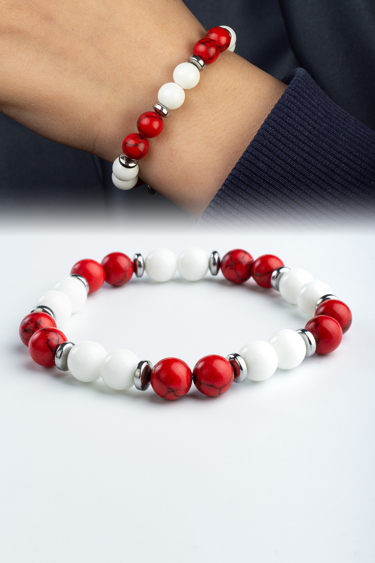 Sıkma Mercan Cam Kırmızı Beyaz Doğal Taş Türkiye Taraftar Bilekliği