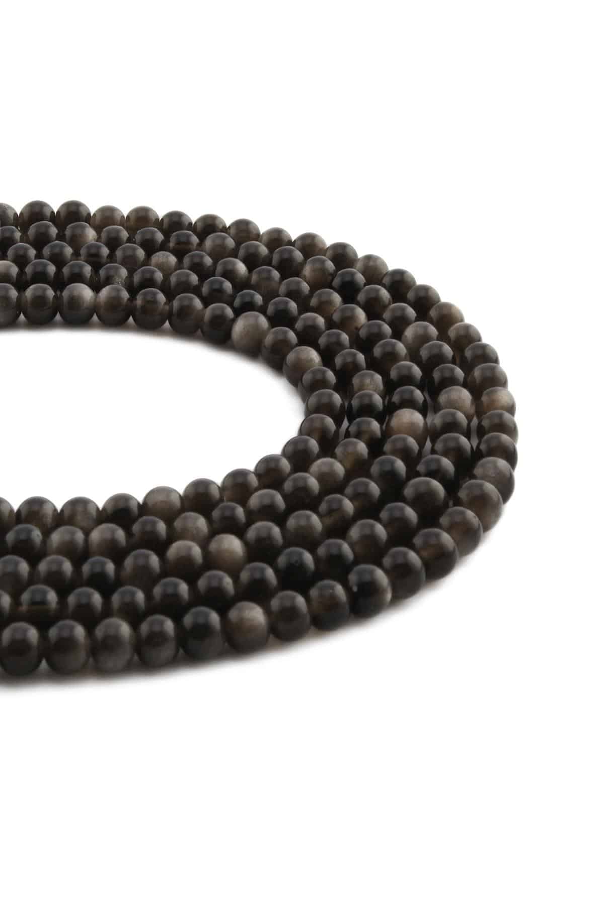 Cylinder Obsidian Natural Stone Shiny Globe Cut 4mm String Of Beads