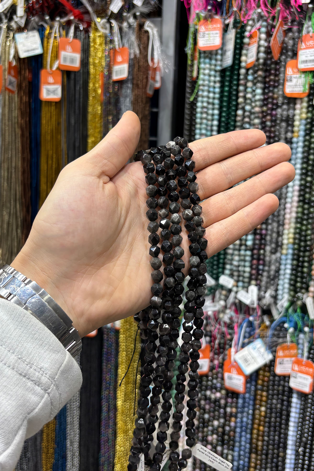 Silver Obsidyen Doğal Taş Parlak Küre Kesim 8mm Dizi [AA]