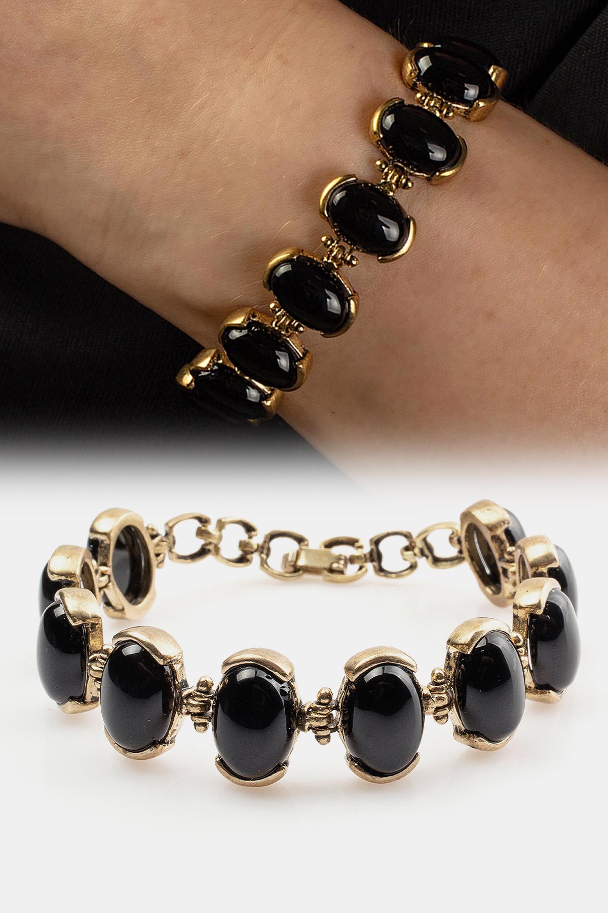 Siyah Akik Doğal Taş 10 Taşlı Bronz  Bileklik