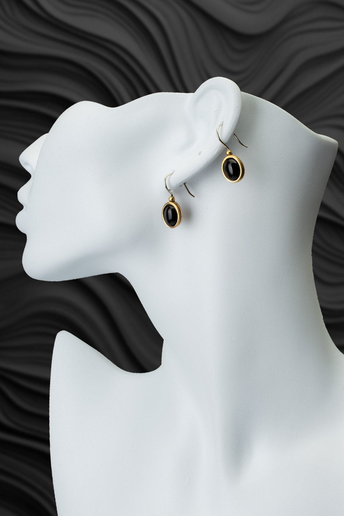 Siyah Akik Doğal Taş Büyük Oval Kesim Bronz Küpe