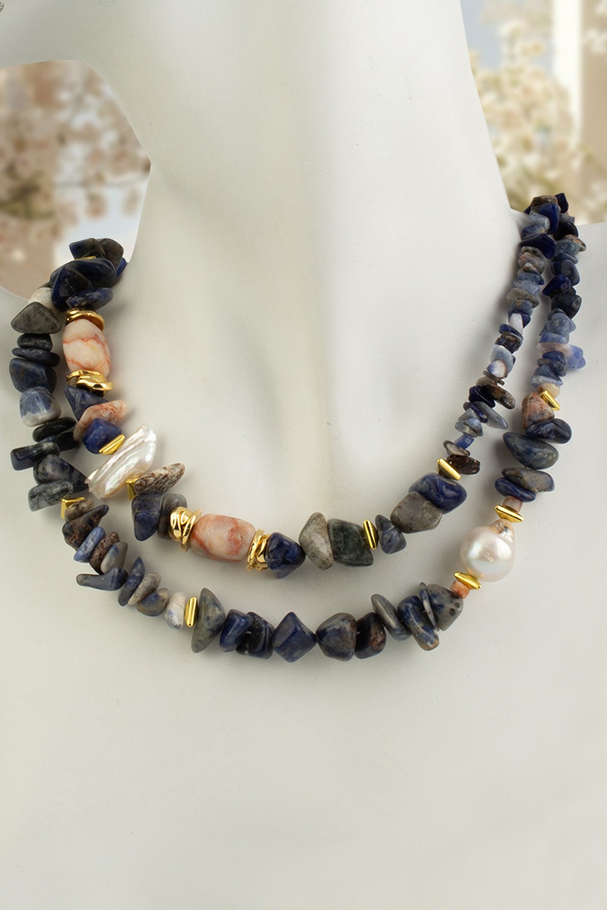 Sodalit Doğal Kırık Taş İnci İkili Kombin Çelik Kolye