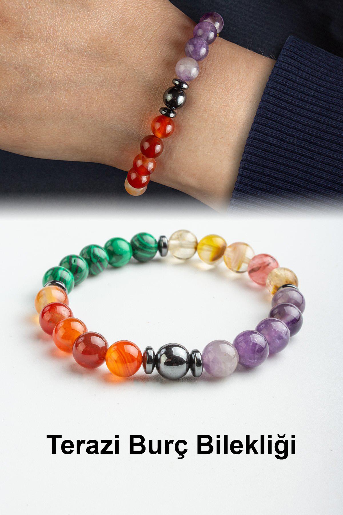 Terazi Burç Bilekliği Karnelyan Akik-Malakit-Ametist-Kuvars Doğal Taş 8mm Bileklik