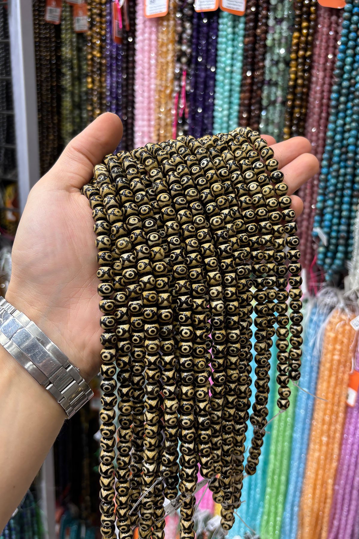 Tibet Akik Taşı Küre Kesim 8mm Siyah Açık Sarı Doğal Taş Dizi