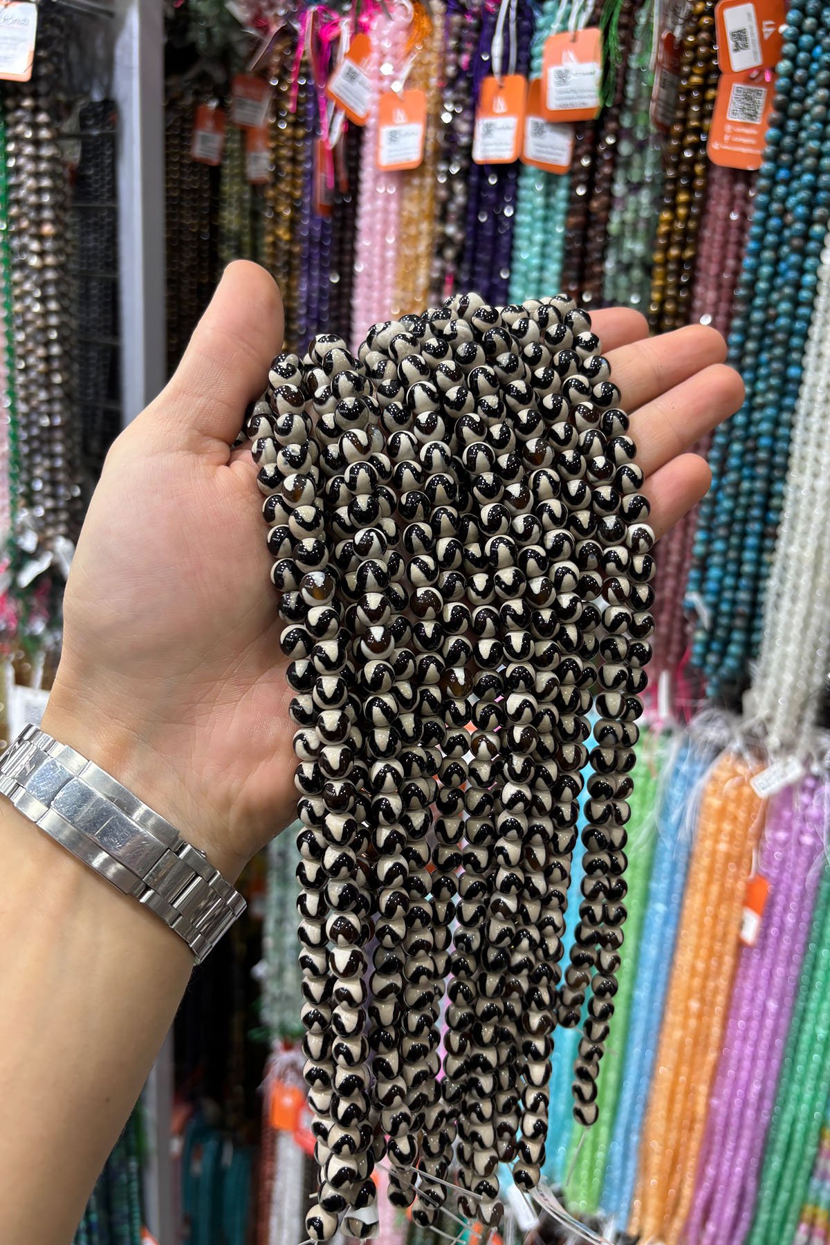 Tibet Akik Taşı Küre Kesim 8mm Siyah Beyaz Doğal Taş Dizi