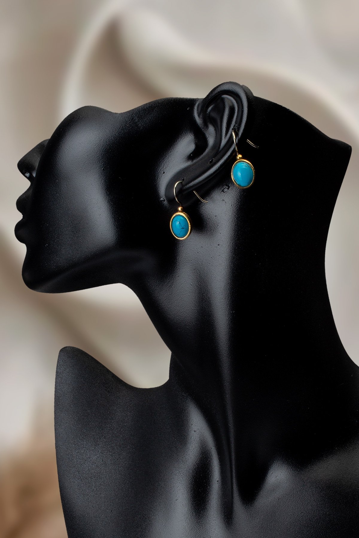 Turkuaz Doğal Taş Büyük Oval Kesim Bronz Küpe