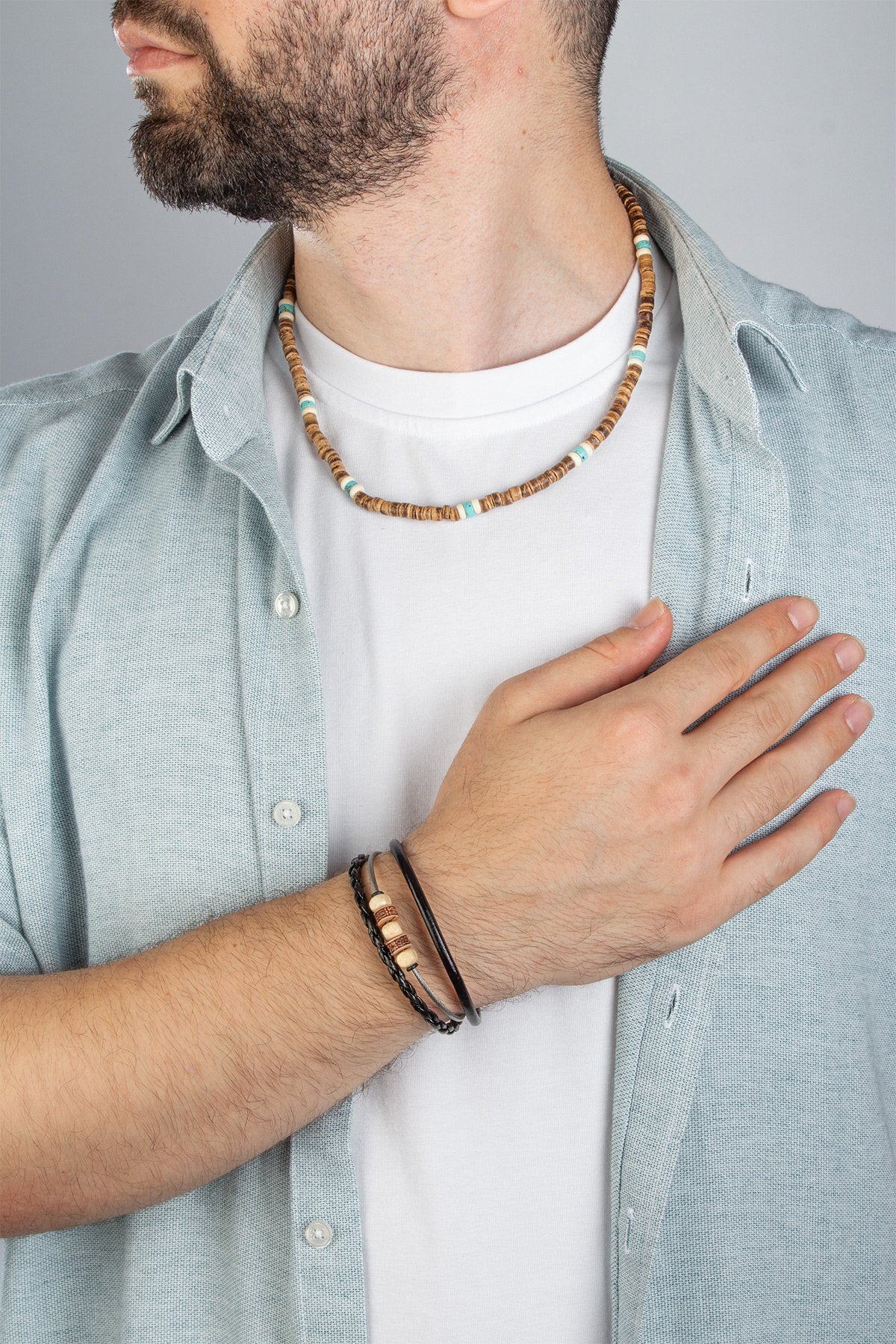 Turkuaz Doğal Taşlı Deri Bileklikli 2 li Hediye Erkek Takı Seti