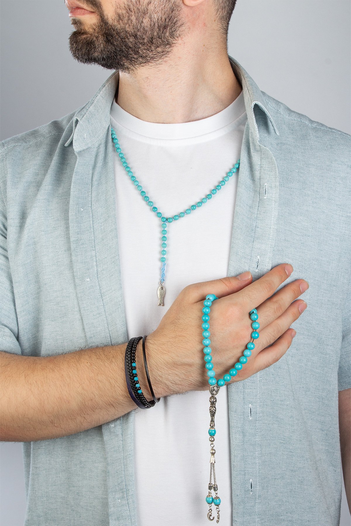 Turkuaz Doğal Taşlı Deri Bileklikli 3 lu Hediye Erkek Takı Seti