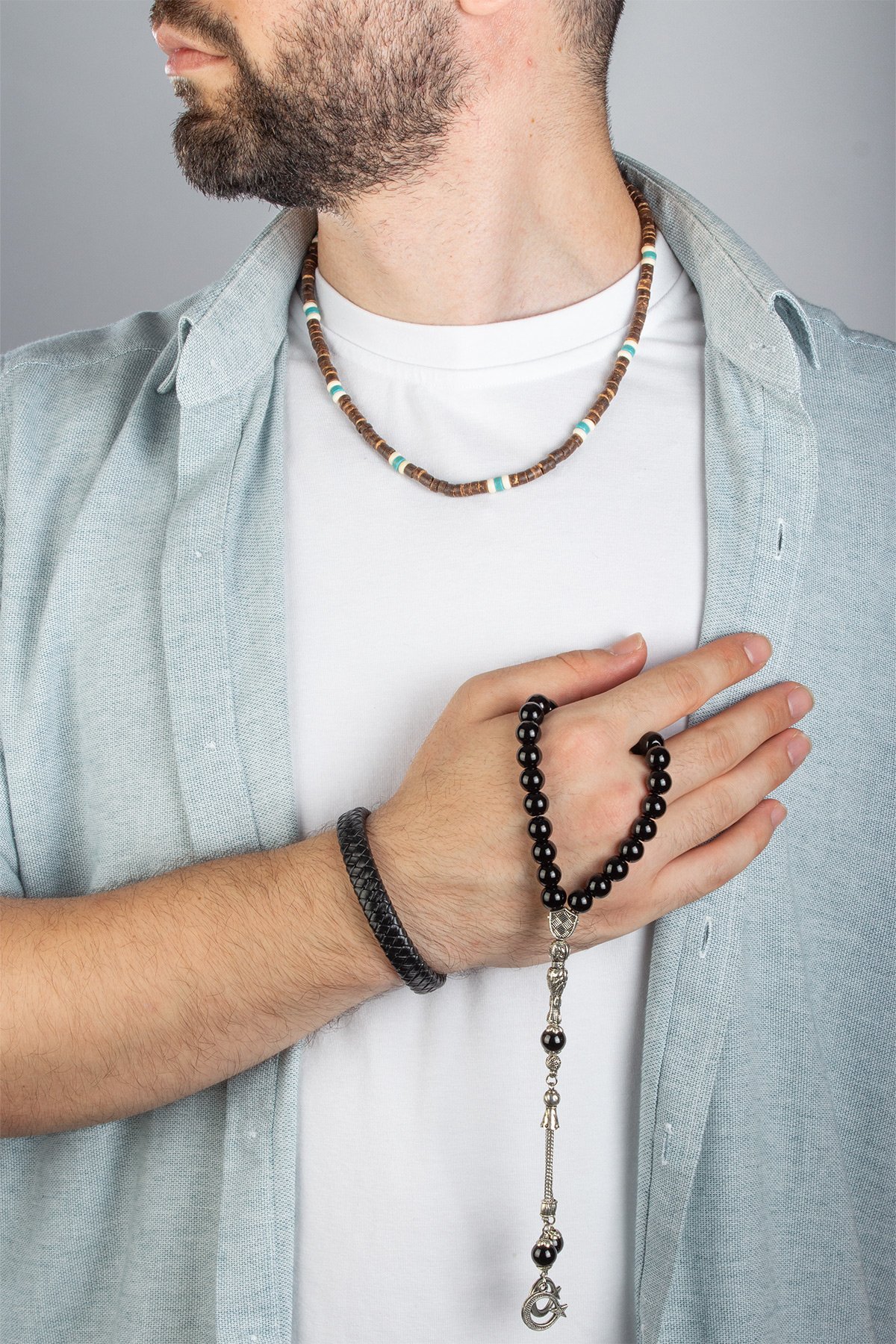 Turkuaz Doğal Taşlı Deri Bileklikli 3 lu Hediye Erkek Takı Seti