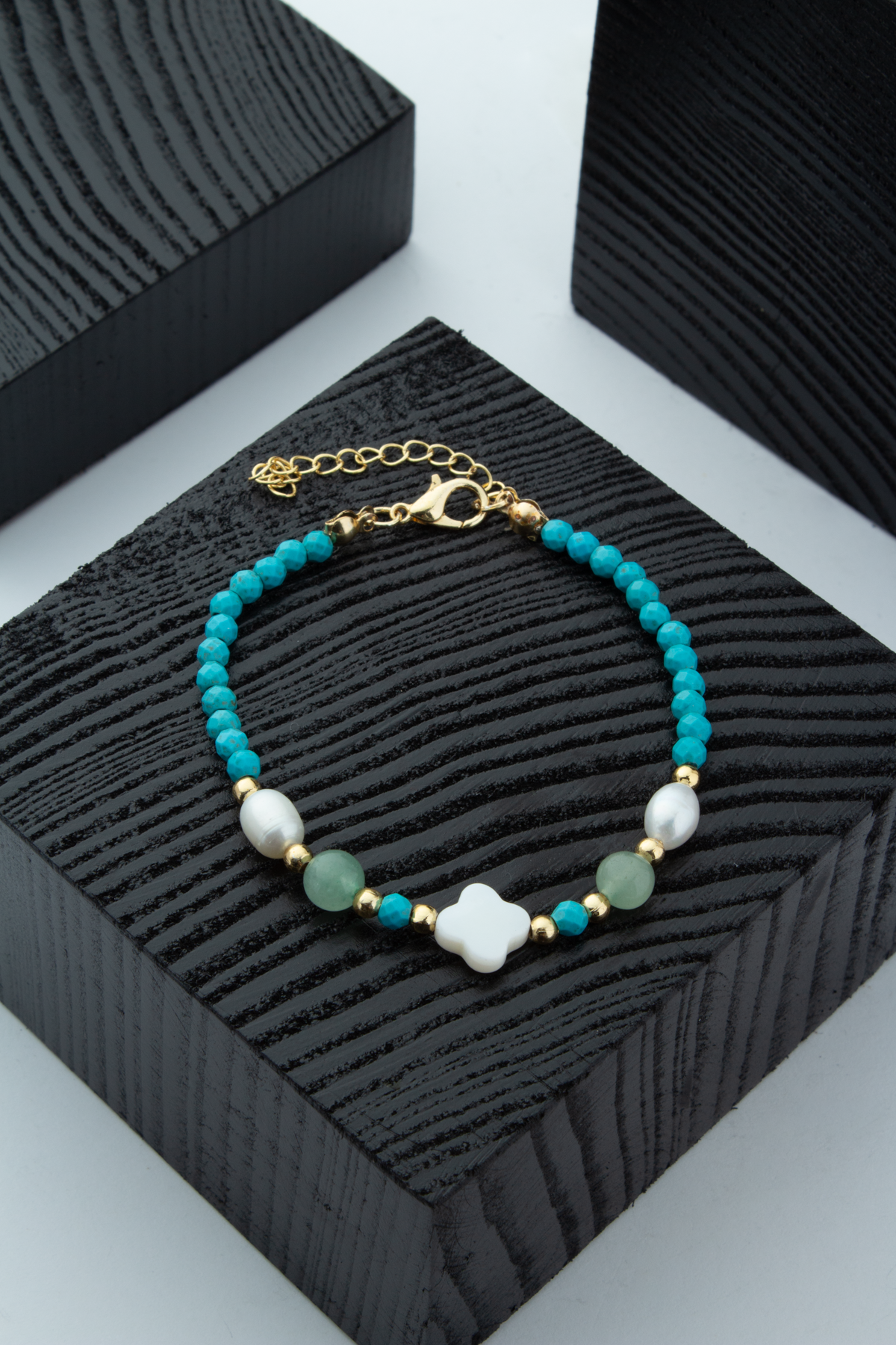 İnci-Sedef Doğal Taş Yonca Kesim Aventurin Sıkma Turkuaz 4mm Faset Bileklik