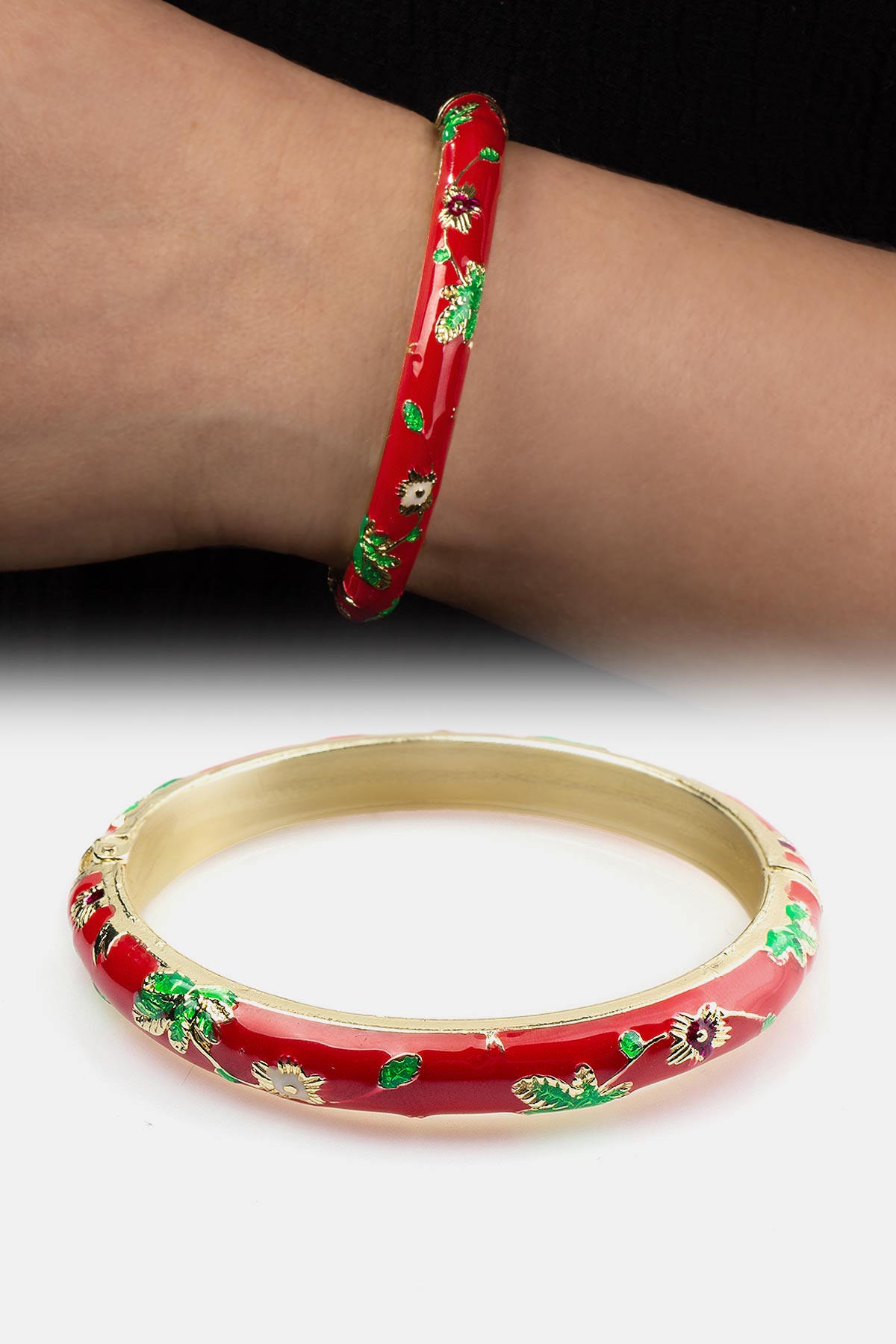 Vintage Kırmızı Mineli Çiçek Desenli Bilezik