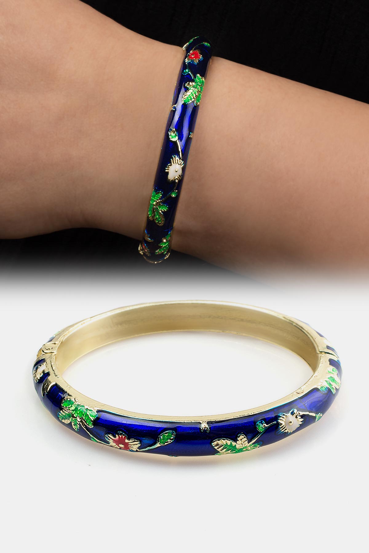 Vintage Lacivert Mineli Çiçek Desenli Bilezik