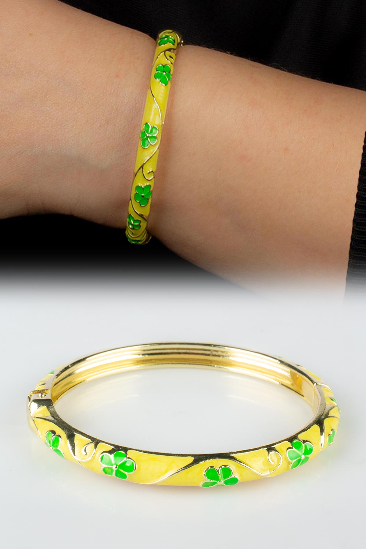 Vintage Limon Sarısı Mineli Çiçek Desenli Bilezik