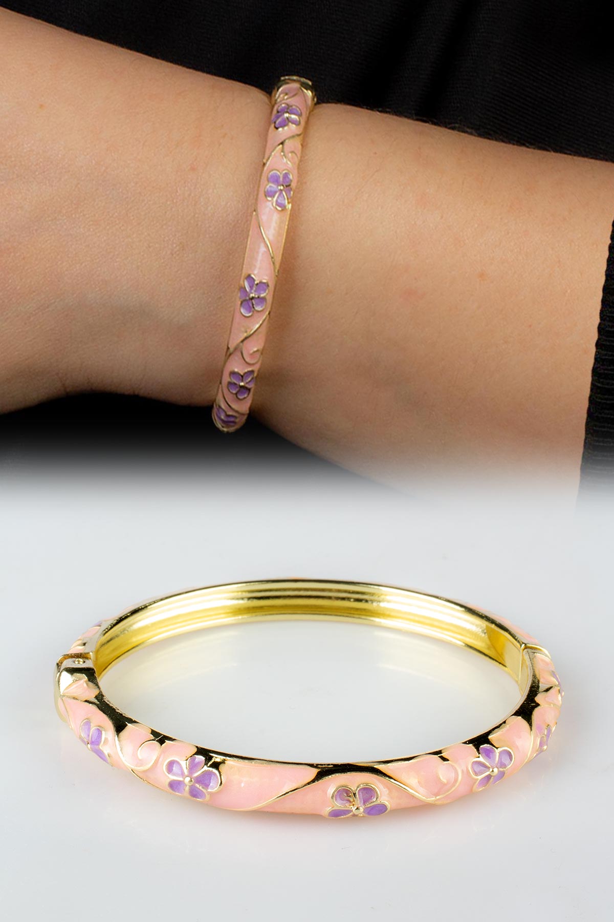 Vintage Pudra Pembe Mineli Çiçek Desenli Bilezik