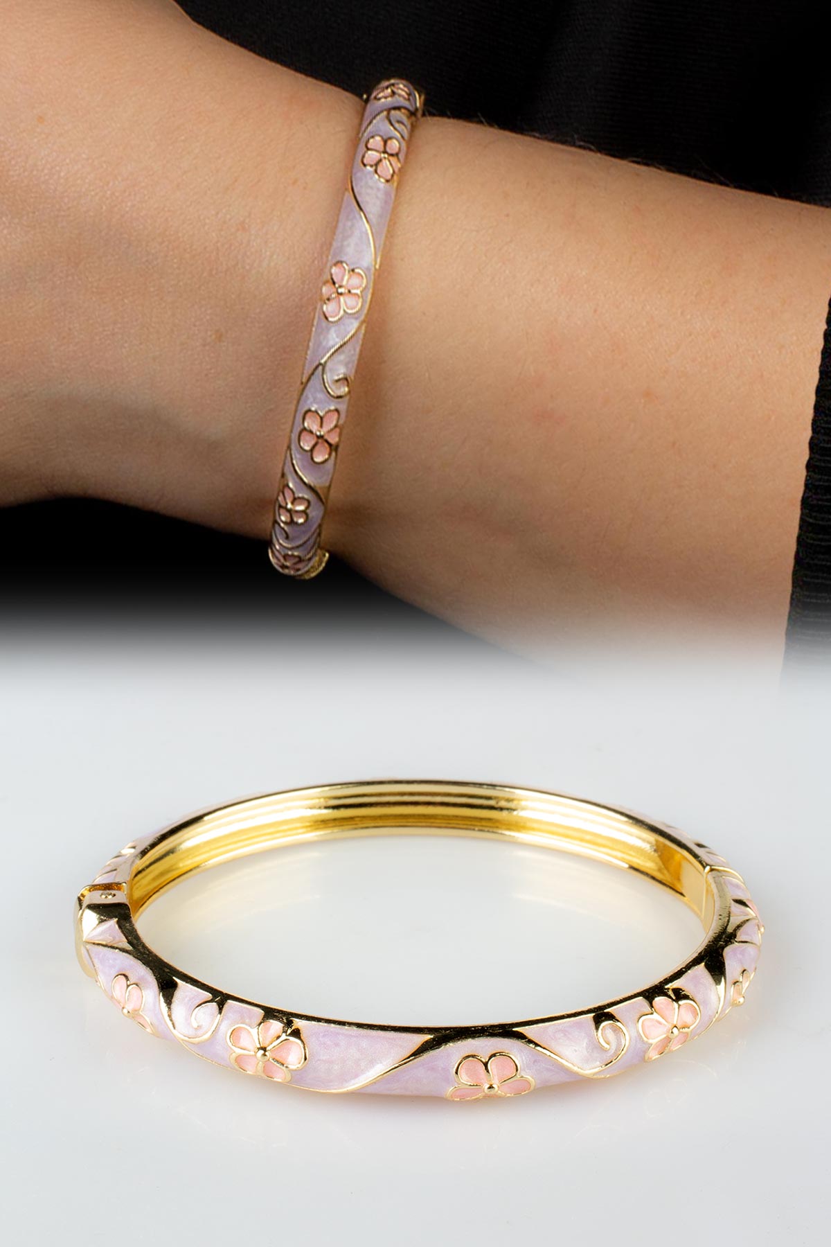 Vintage Pudra Pembe Mineli Çiçek Desenli Bilezik