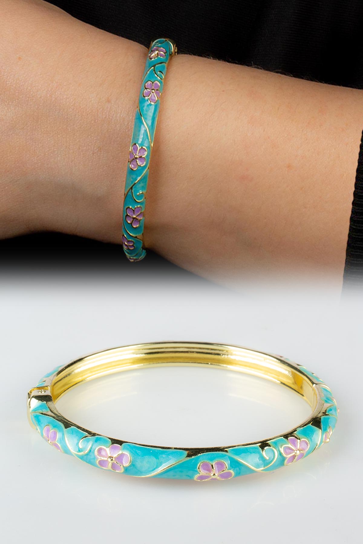 Vintage Turkuaz Mineli Çiçek Desenli Bilezik