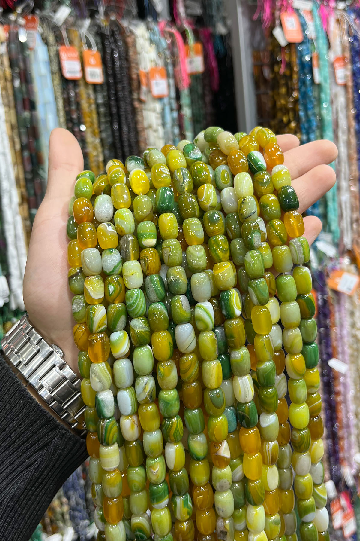 Yeşil Sarı Akik Doğal Taş Silindir Kesim 10x14mm Dizi