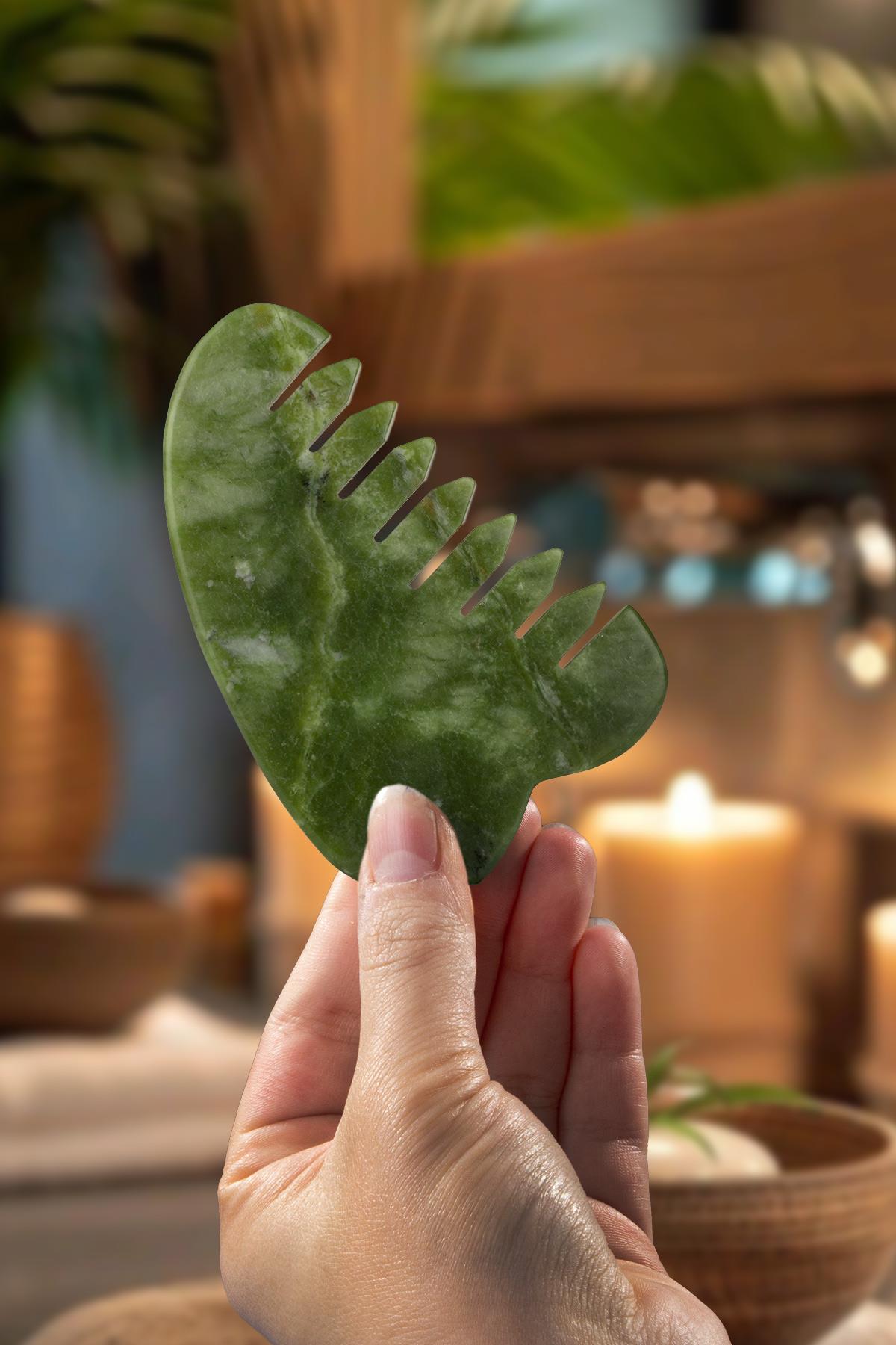 Yeşim Doğal Taş Gua Sha Tarak Kesim Yüz Masaj Aleti