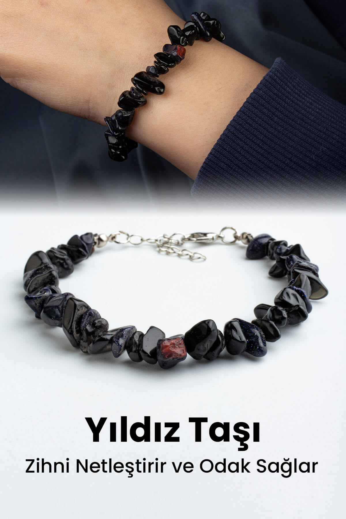 Yıldız Taşı Doğal Kırık Taş Lacivert Zincir Kapamalı Bileklik