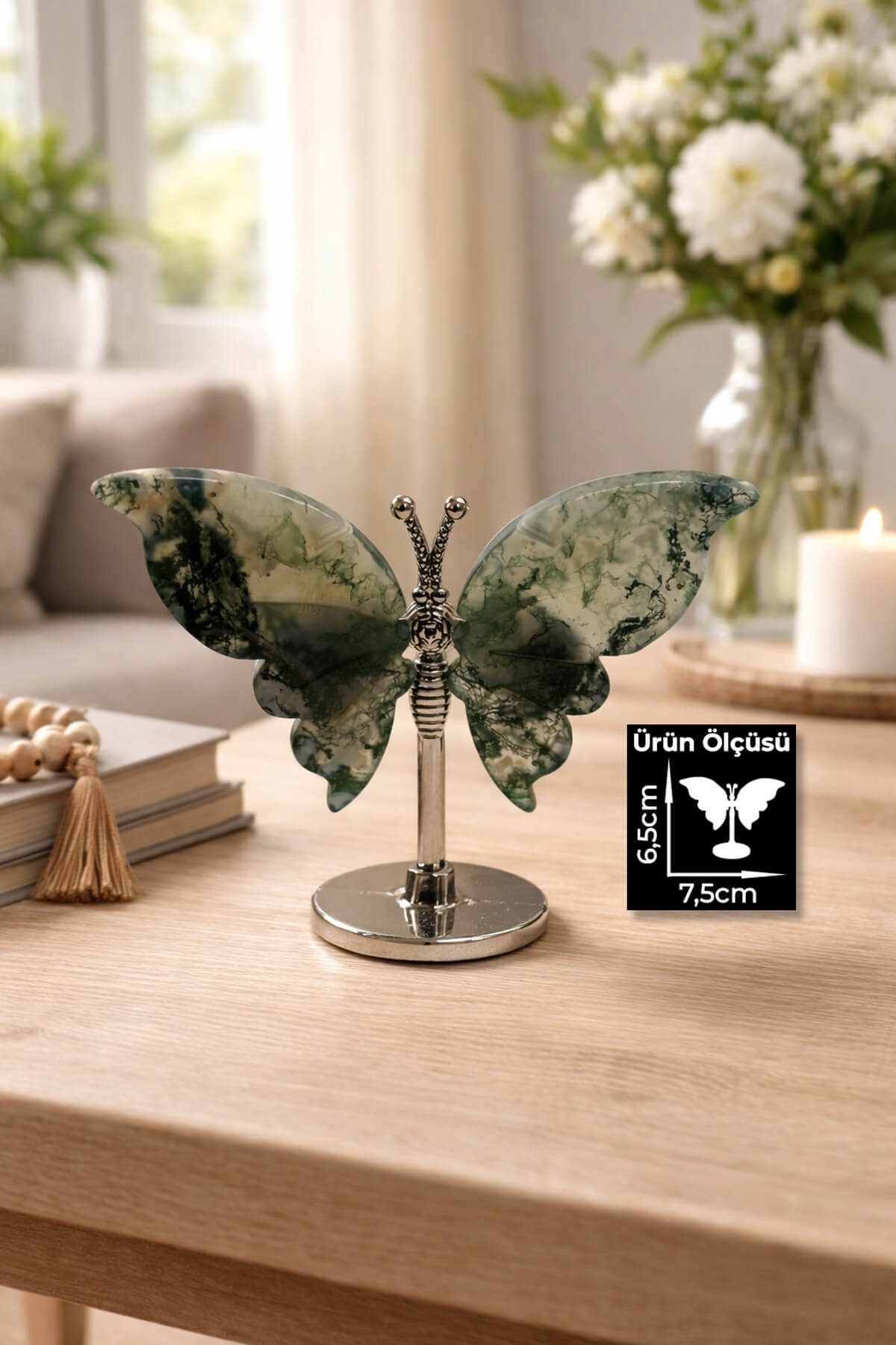 Yosunlu Akik Taşı Doğal Taş Standlı Kelebek Figürlü Ev Dekorasyon Obje