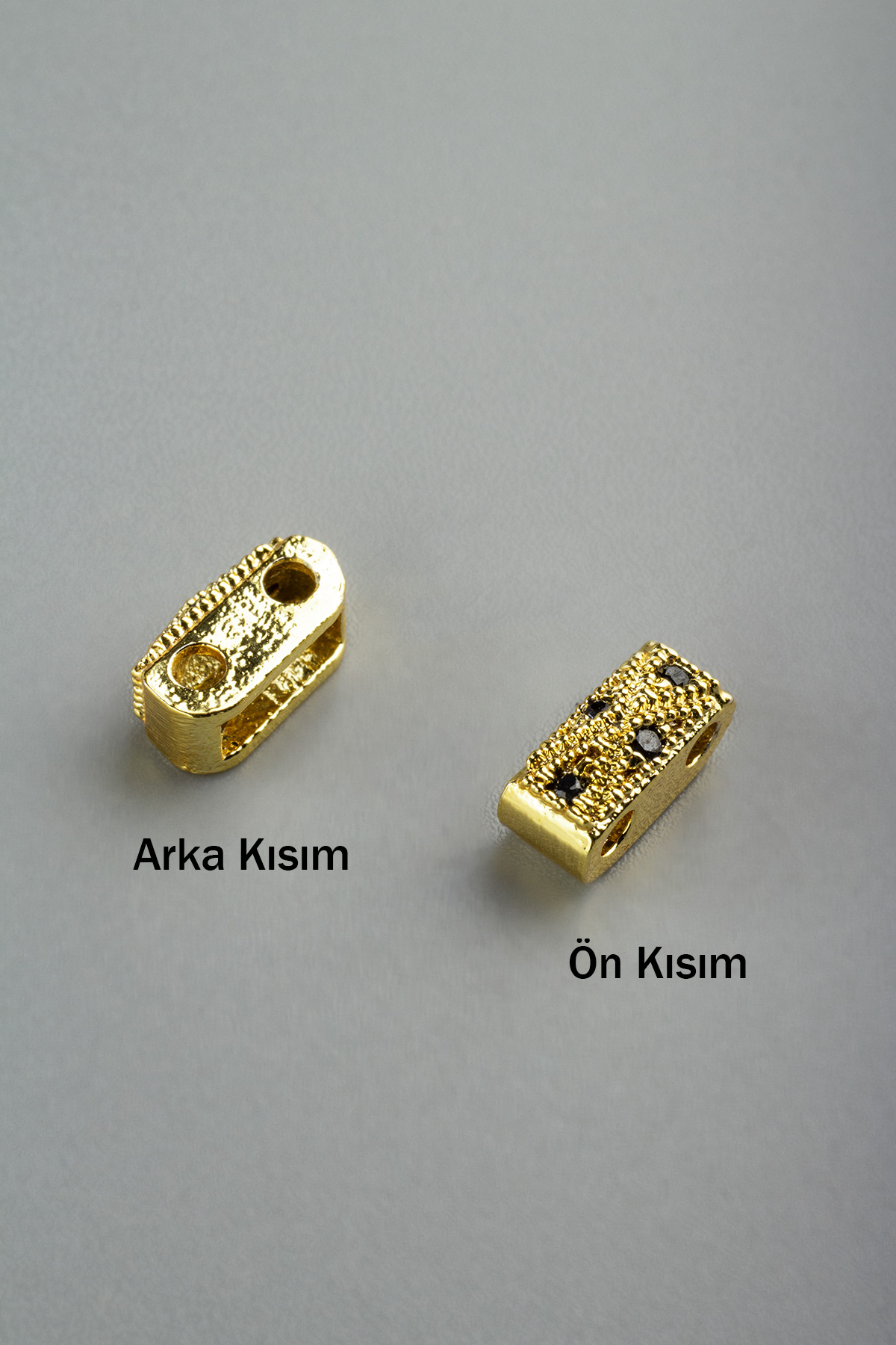 Zirkon Gold Dikdörtgen Piramit Çift Delik 8x3mm Takı Aparatı