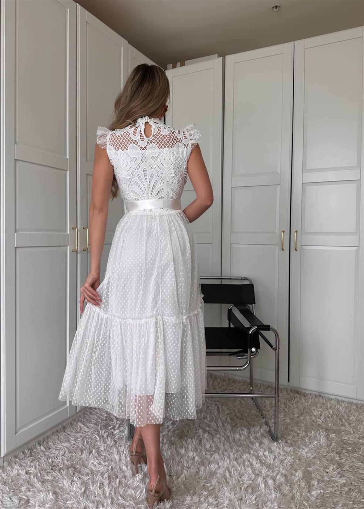 Dantel Detaylı Beyaz Tüllü Elbise | semmaistanbul.com