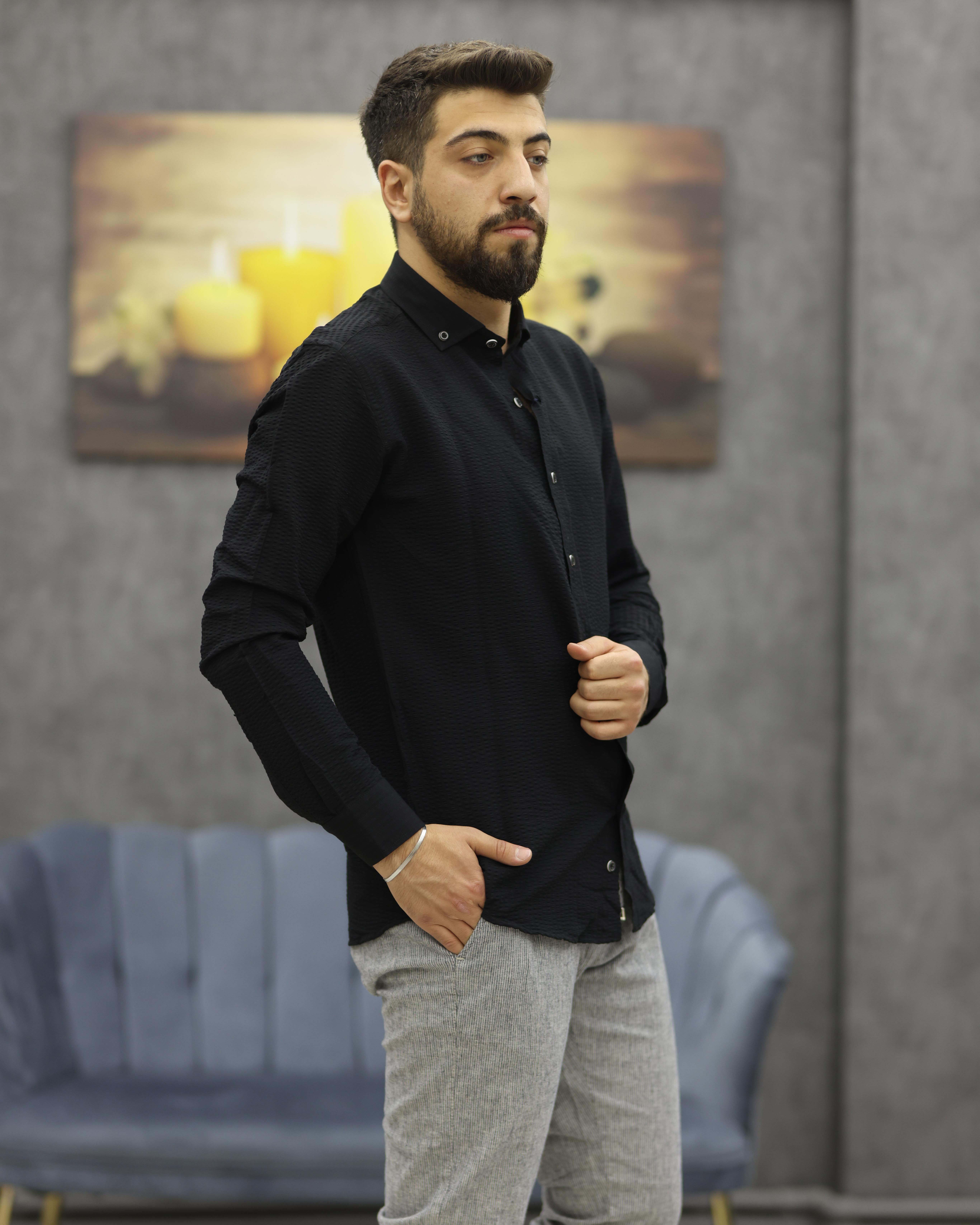 ASSENTE 885 SLİMFİT GOFRELİ SPOR GÖMLEK(SİYAH)