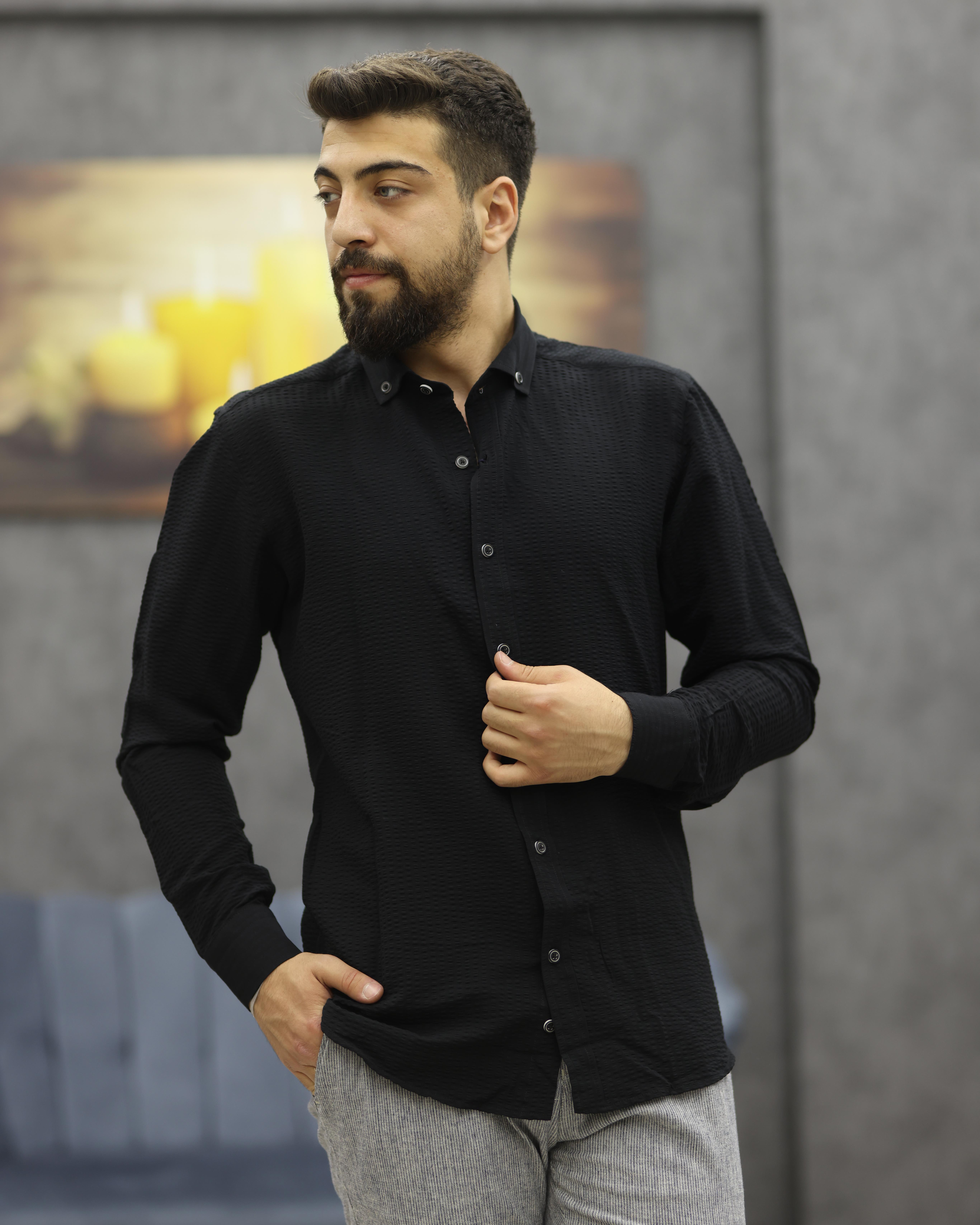ASSENTE 885 SLİMFİT GOFRELİ SPOR GÖMLEK(SİYAH)
