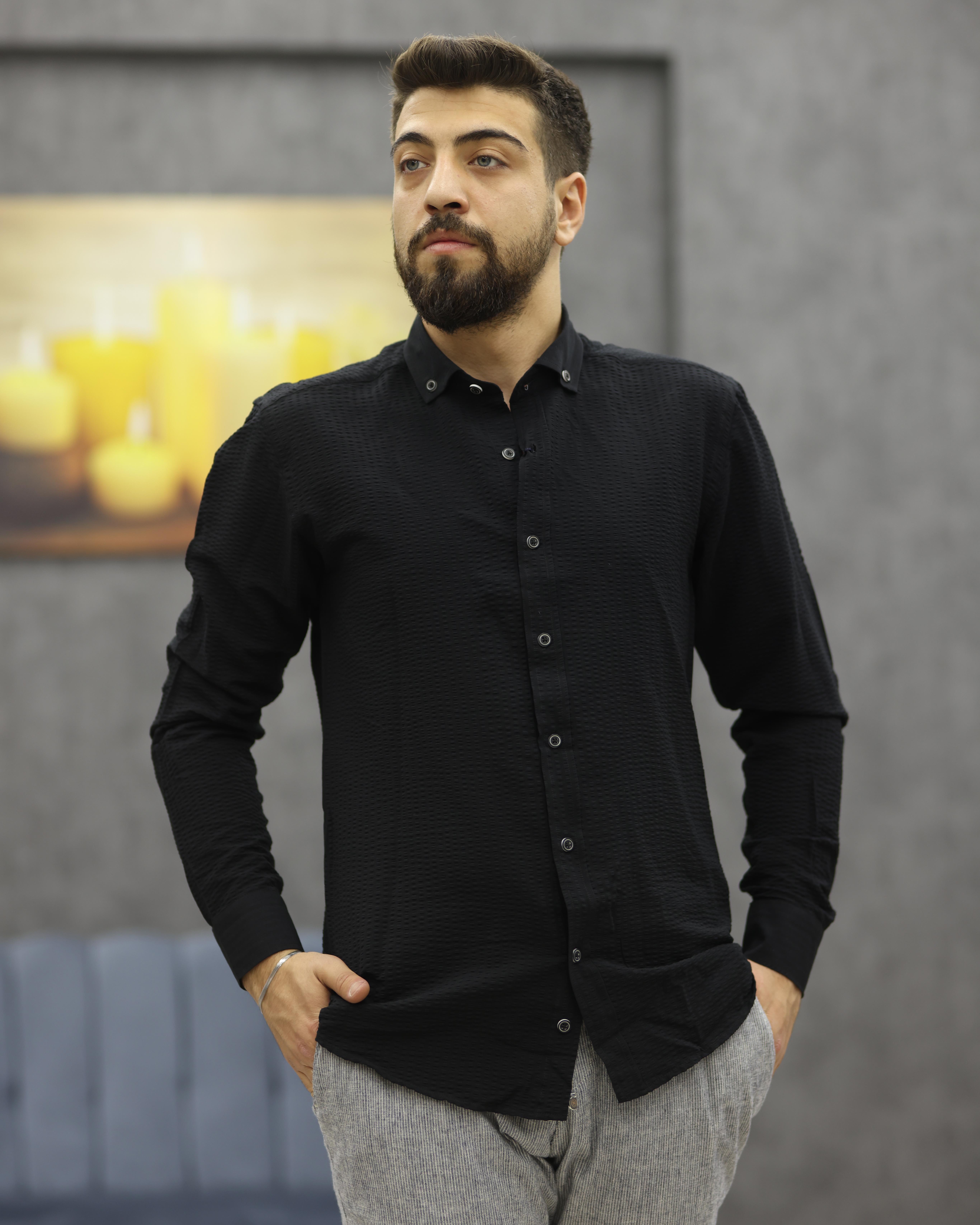 ASSENTE 885 SLİMFİT GOFRELİ SPOR GÖMLEK(SİYAH)