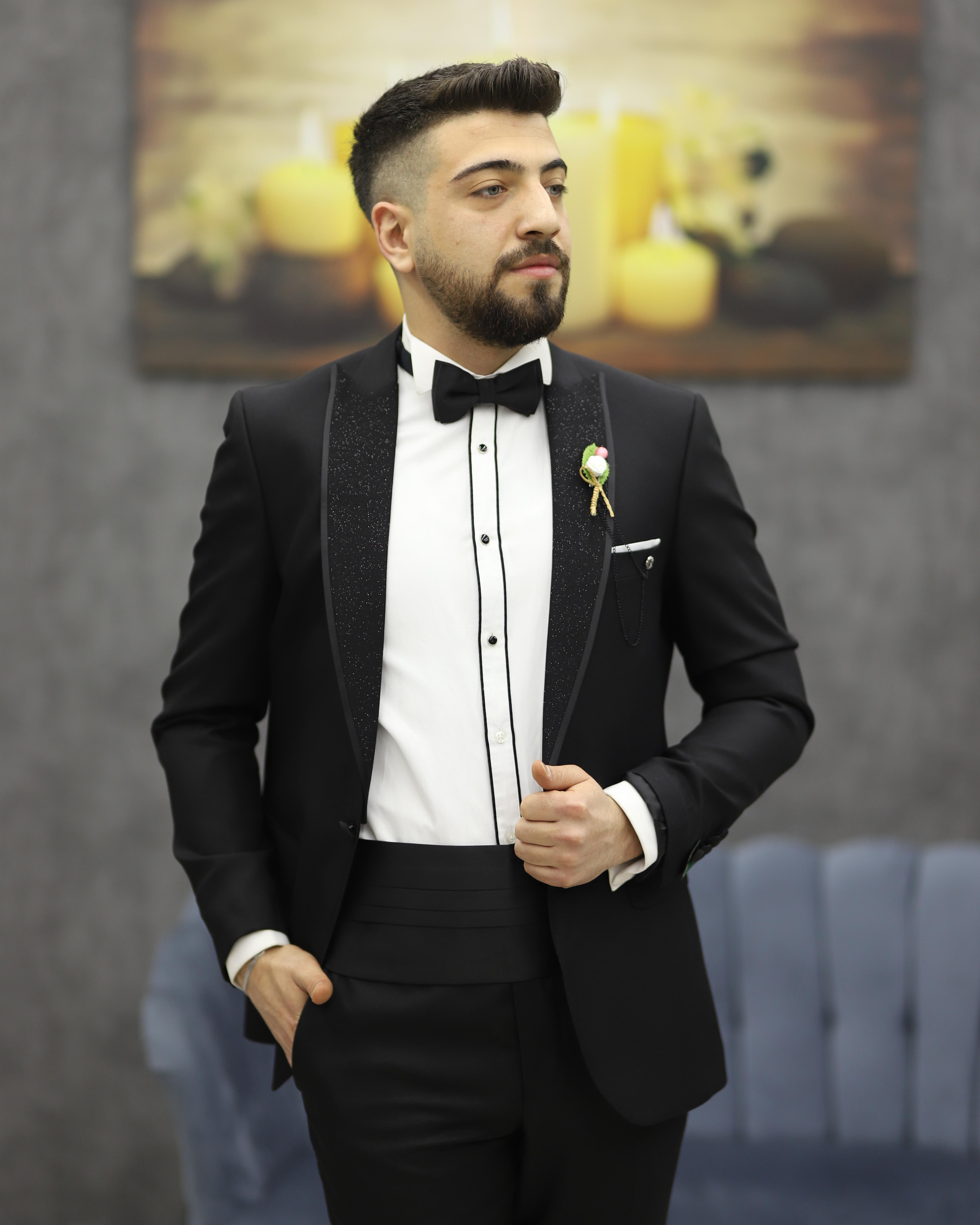 DORMEN 4290 SİMLİ KESİK YAKA SMOKİN SET(SİYAH)