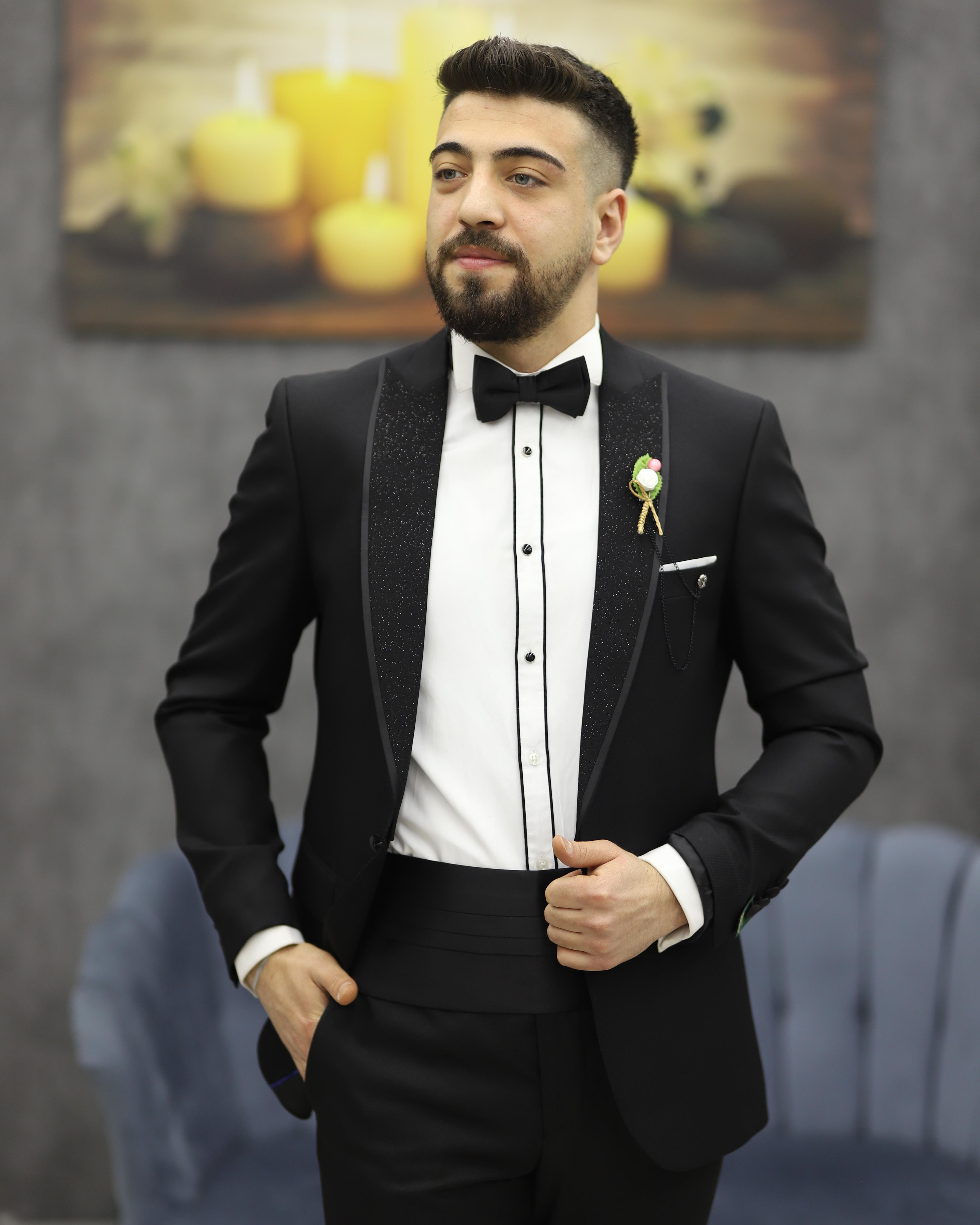 DORMEN 4290 SİMLİ KESİK YAKA SMOKİN SET(SİYAH)